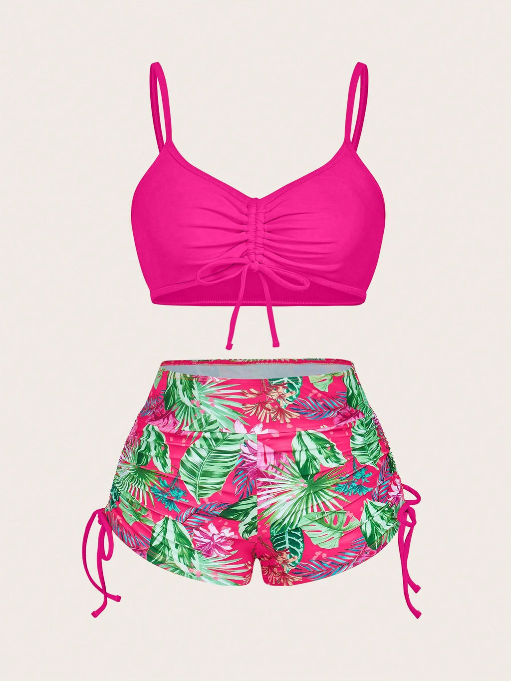 Slaydiva 2pcs Summer Vacation Solid Color Spaghetti Strap Drawstring Crop Top & Tropical Floral Printed Sexy