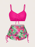 Slaydiva 2pcs Summer Vacation Solid Color Spaghetti Strap Drawstring Crop Top & Tropical Floral Printed Sexy