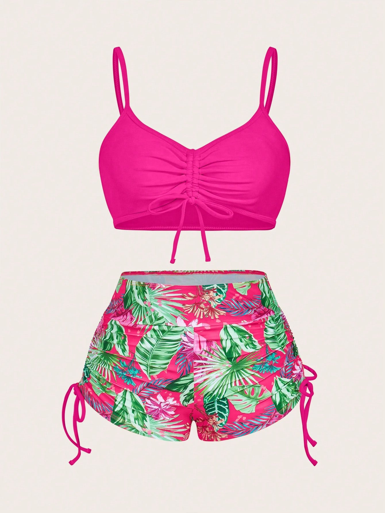 Slaydiva 2pcs Summer Vacation Solid Color Spaghetti Strap Drawstring Crop Top & Tropical Floral Printed Sexy
