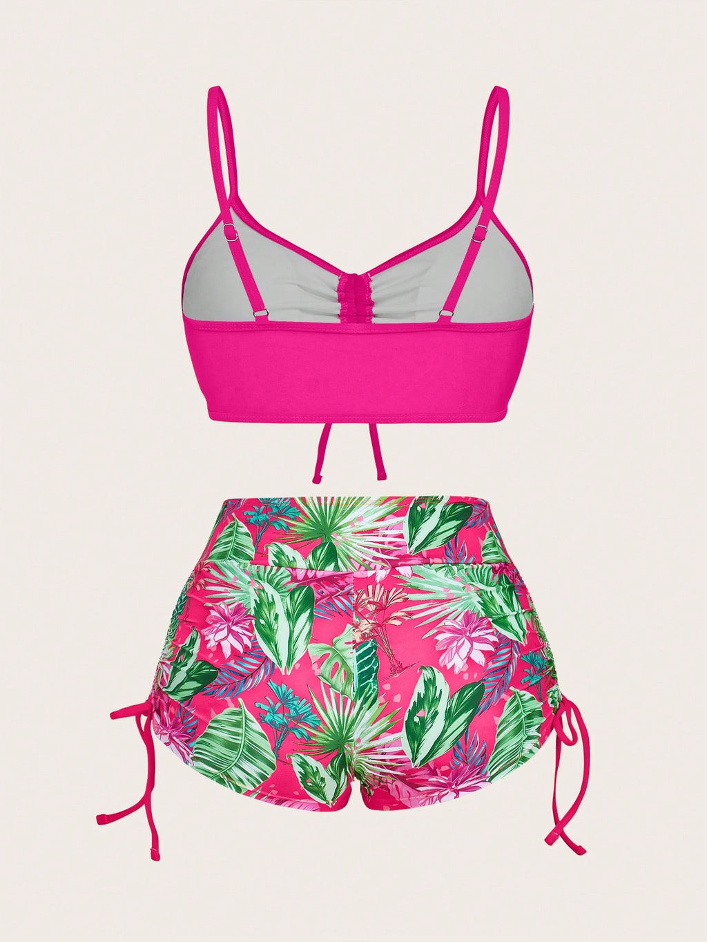 Slaydiva 2pcs Summer Vacation Solid Color Spaghetti Strap Drawstring Crop Top & Tropical Floral Printed Sexy - image 2