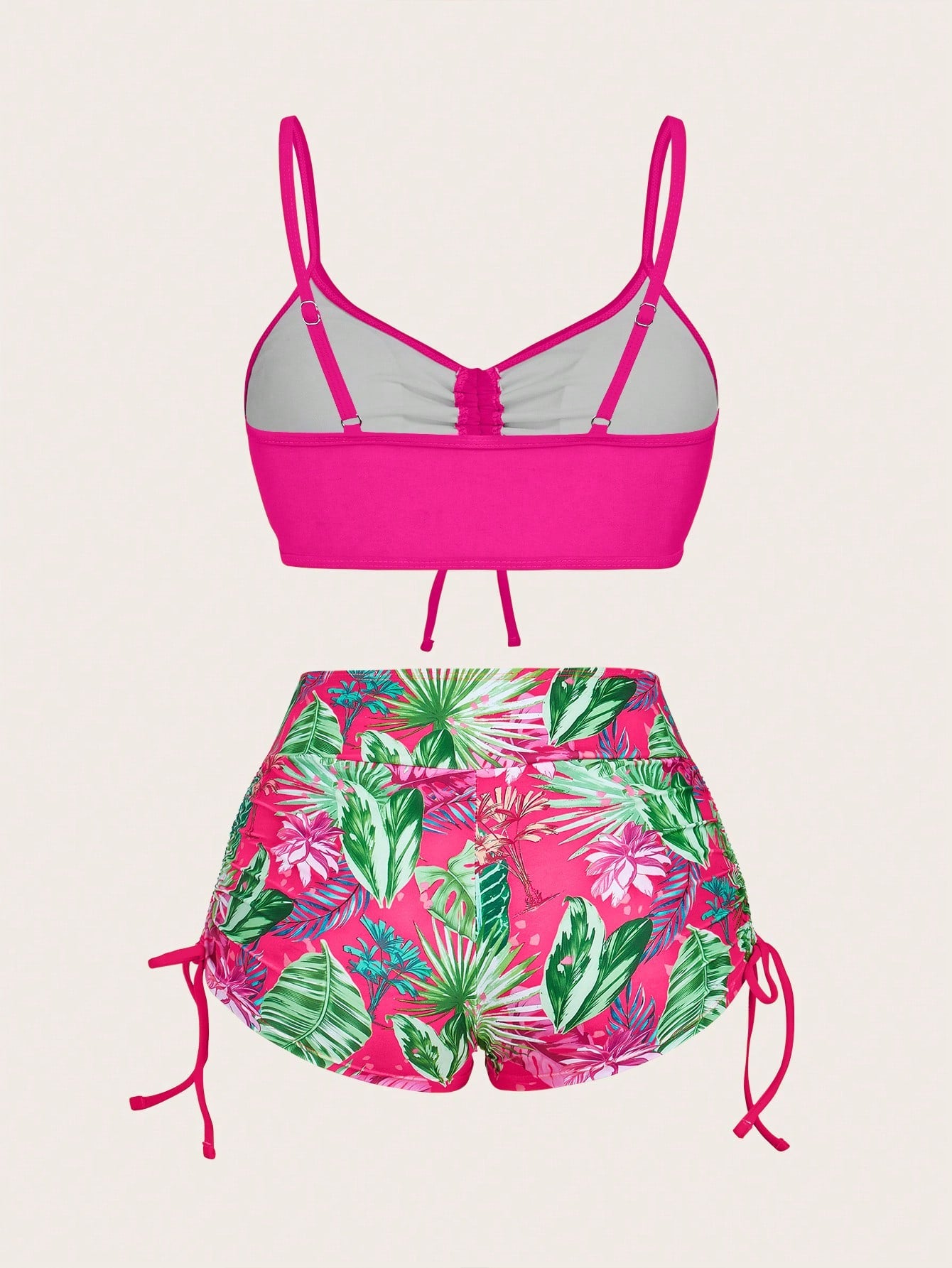 Slaydiva 2pcs Summer Vacation Solid Color Spaghetti Strap Drawstring Crop Top & Tropical Floral Printed Sexy - image 2