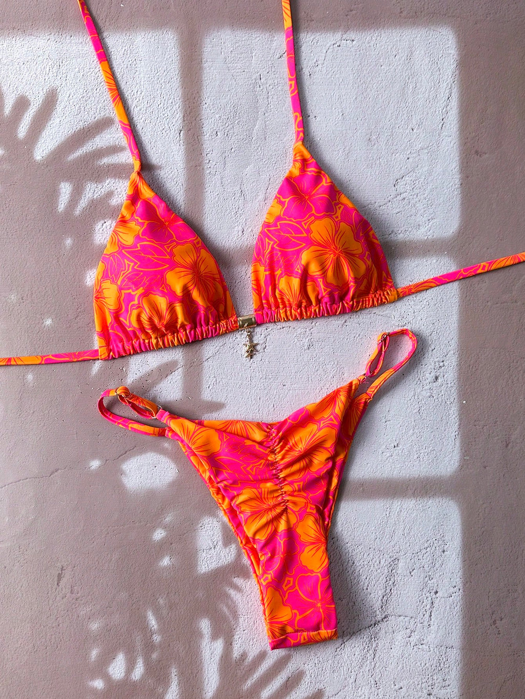 Swim Mod Multicolor Fabric Tropical Halter Bikini Set Knot Tie Side
