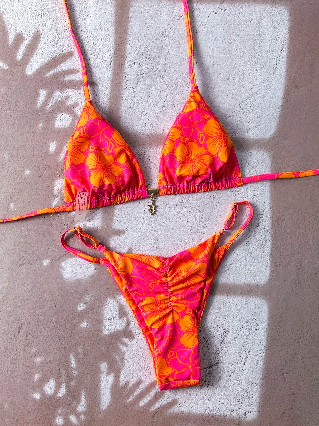 Swim Mod Multicolor Fabric Tropical Halter Bikini Set Knot Tie Side