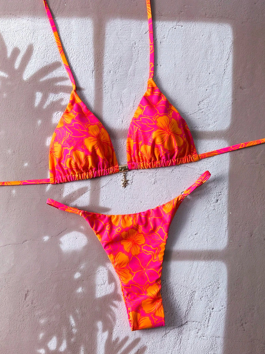 Swim Mod Multicolor Fabric Tropical Halter Bikini Set Knot Tie Side