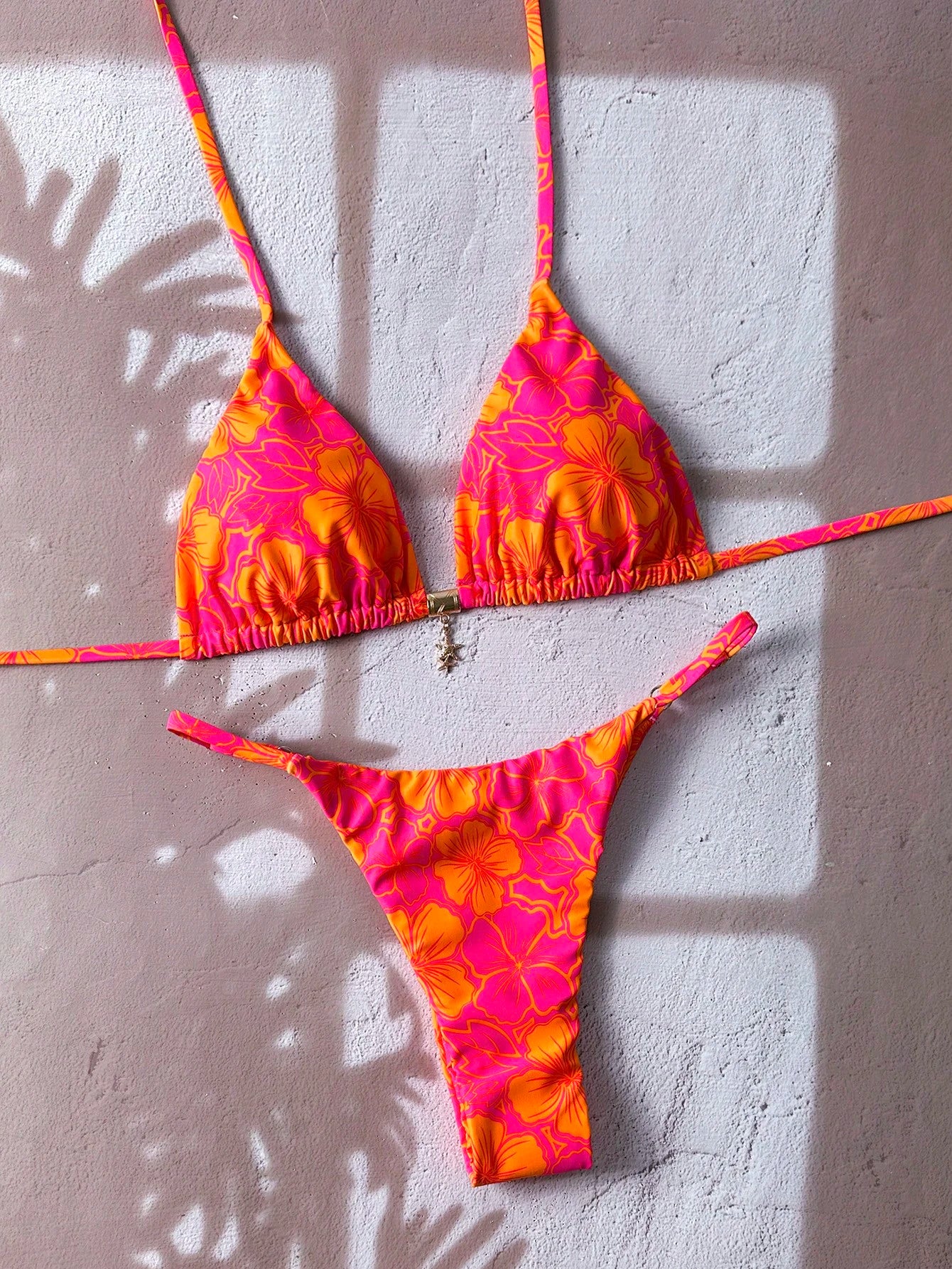 Swim Mod Multicolor Fabric Tropical Halter Bikini Set Knot Tie Side