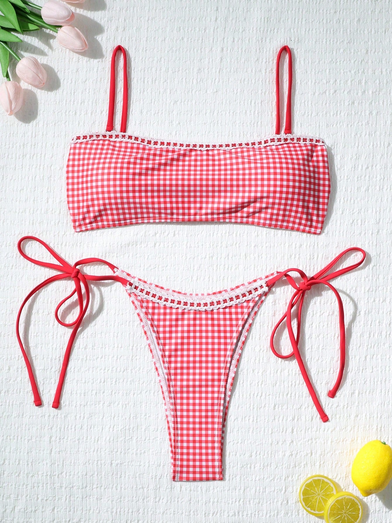 Women's Cute Plaid Print Bow Tie Ruffle Backless Bikini Set, Suitable For Summer Beach, Easter, St. Patrick's - image 2