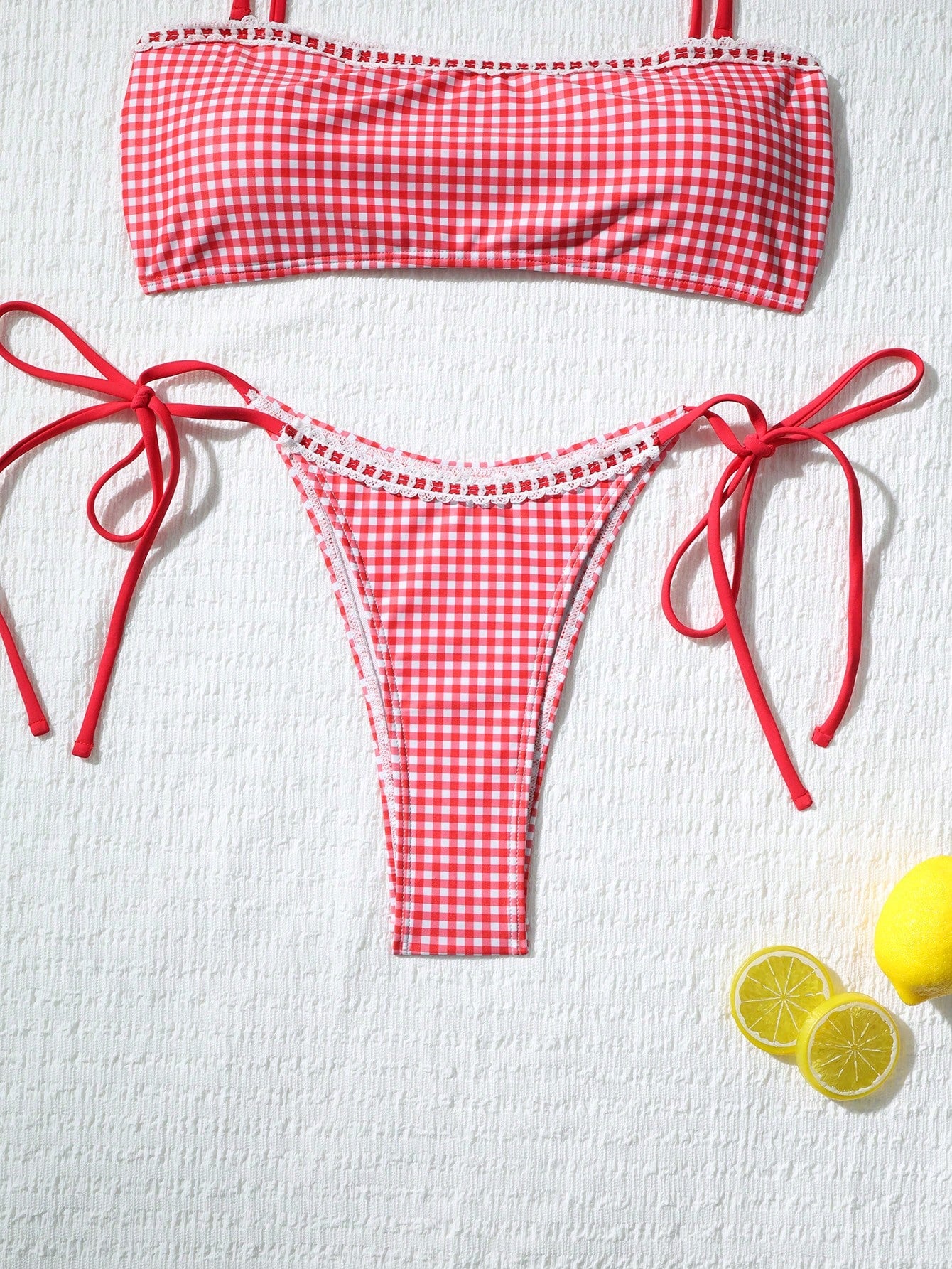 Women's Cute Plaid Print Bow Tie Ruffle Backless Bikini Set, Suitable For Summer Beach, Easter, St. Patrick's - image 4