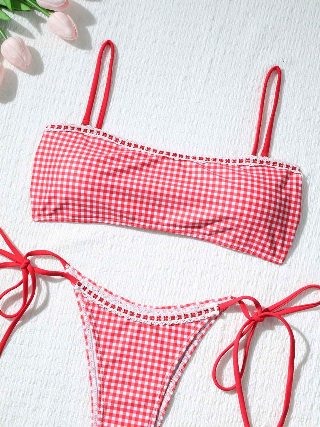 Women's Cute Plaid Print Bow Tie Ruffle Backless Bikini Set, Suitable For Summer Beach, Easter, St. Patrick's - image 6