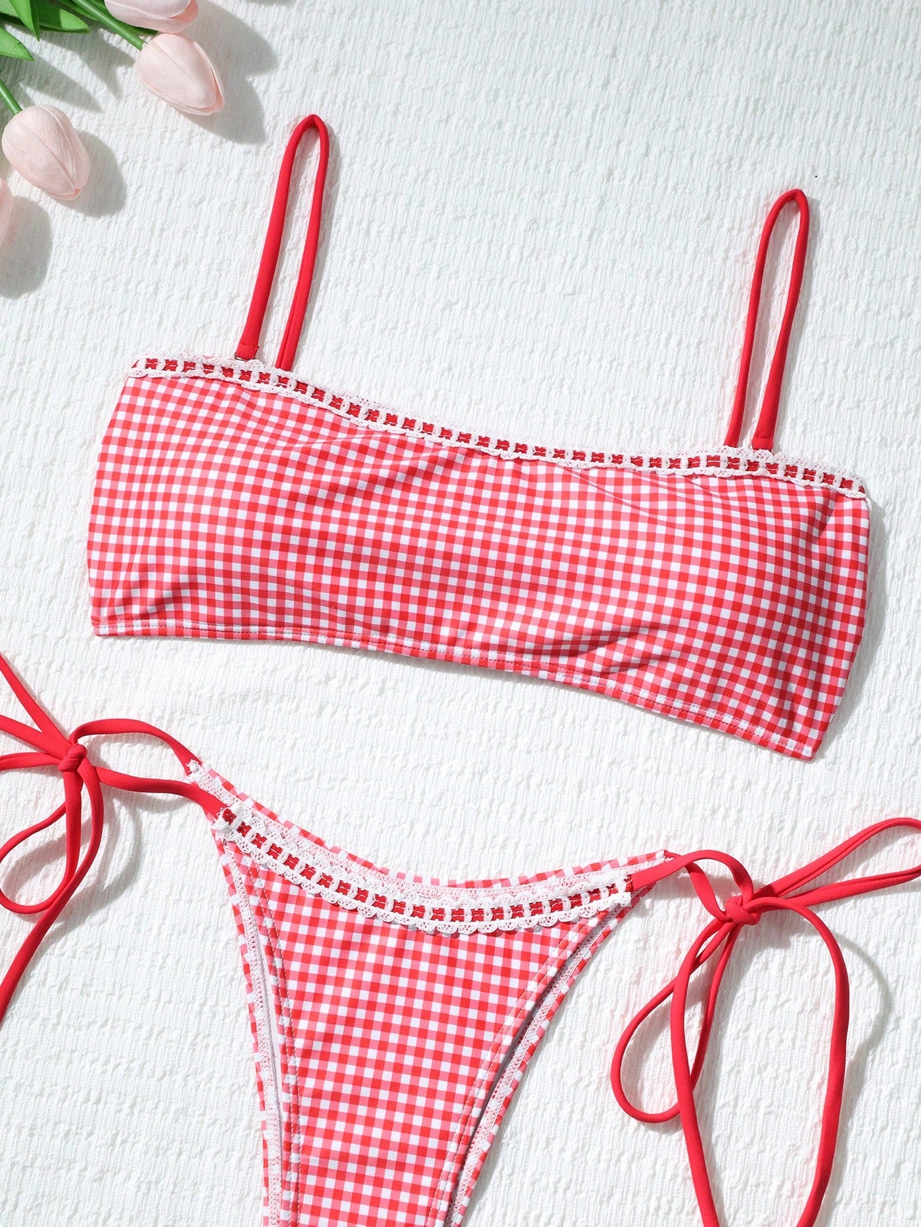 Women's Cute Plaid Print Bow Tie Ruffle Backless Bikini Set, Suitable For Summer Beach, Easter, St. Patrick's - image 6