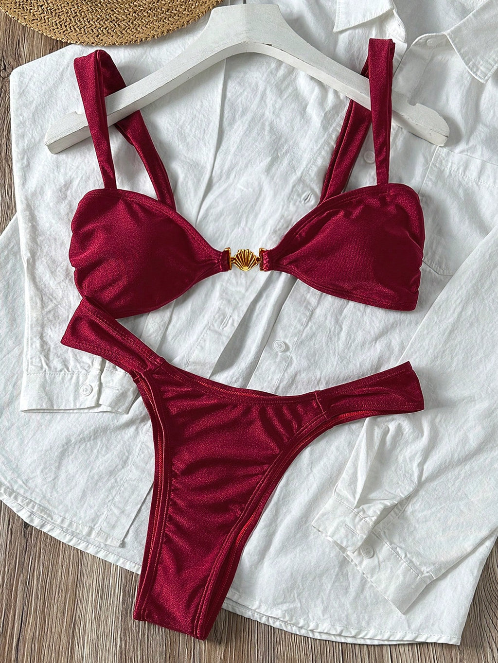 Swim Vcay 2pcs/Set Women Summer Sexy Beach Vacation Outfit, Solid