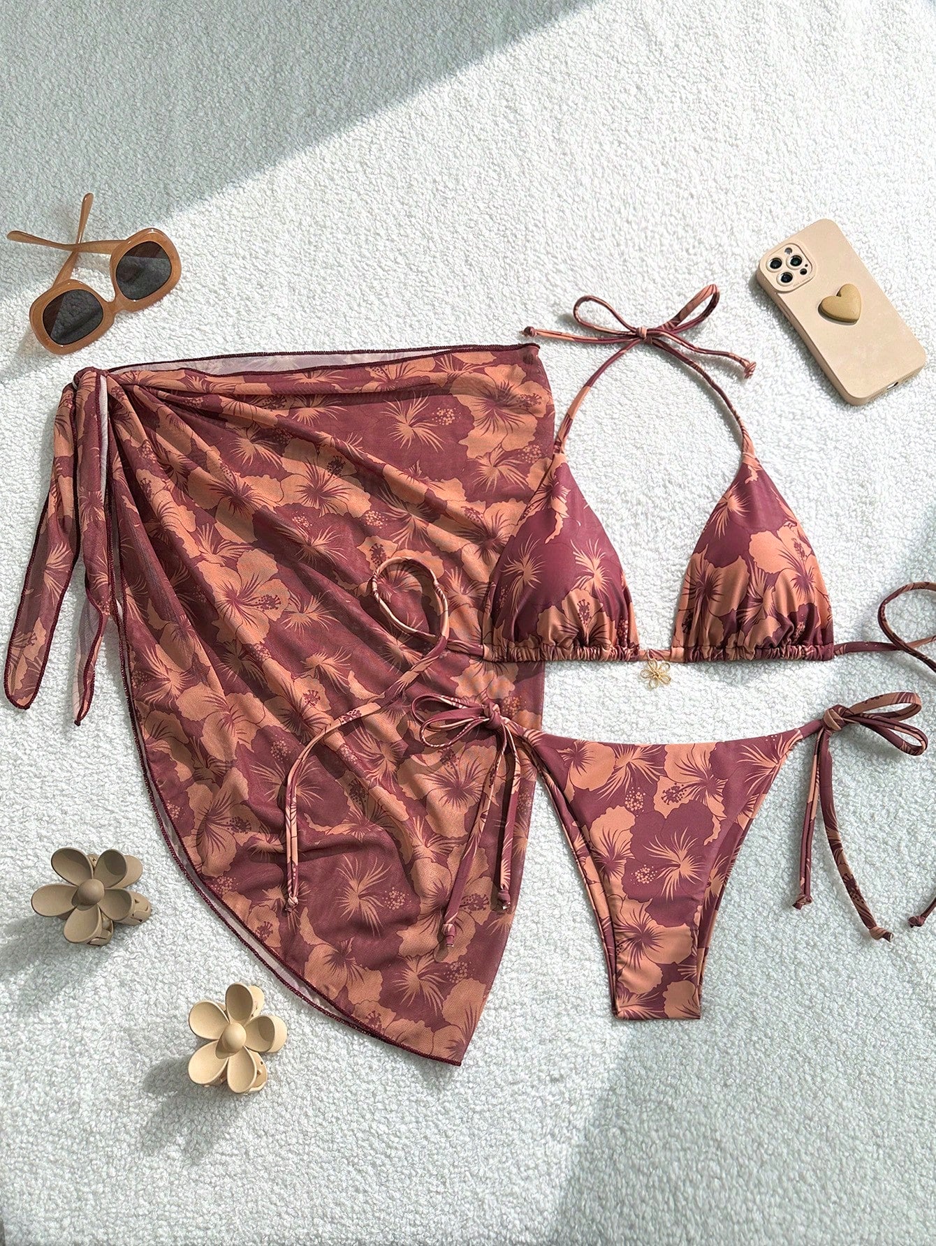 Swim Mod 3pcs/Set Women's Random Print Halter Neck Beach Dress, Tie-Up Retro Hol