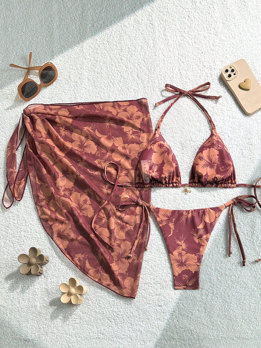 Swim Mod 3pcs/Set Women's Random Print Halter Neck Beach Dress, Tie-Up Retro Holiday Bikini Set, Summer - image 12