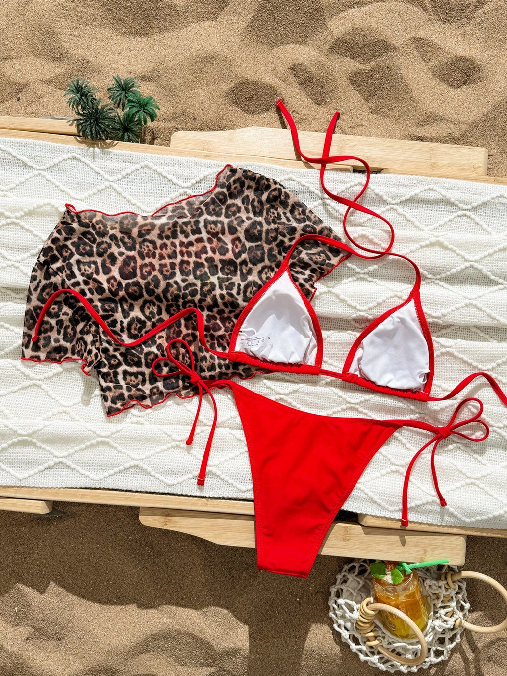 Swim Mod 3pcs Sweet Crochet Women's Swimsuit Set,Pineapple & Leopard
