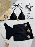 Summer 3pcs Starfish Halter Neck Bikini Set, Triangle Bikini Top, Sexy Star Back Tie Ruffle Backless Skirt,