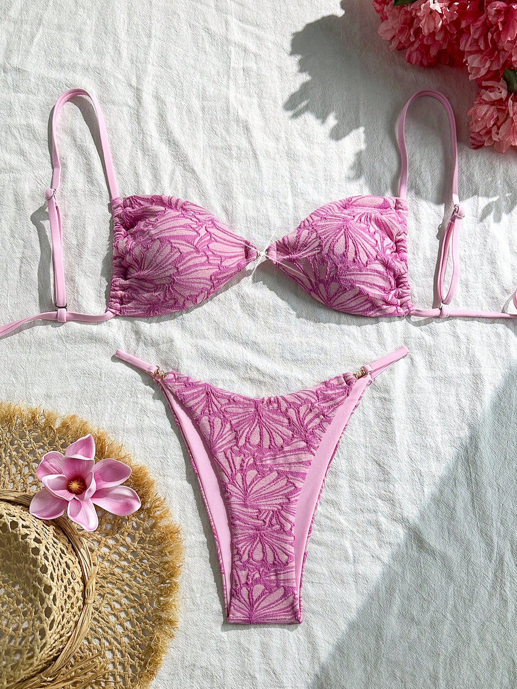 Swim Vcay 2pcs/Set Summer Vacation Textured Fabric, Spaghetti Strap