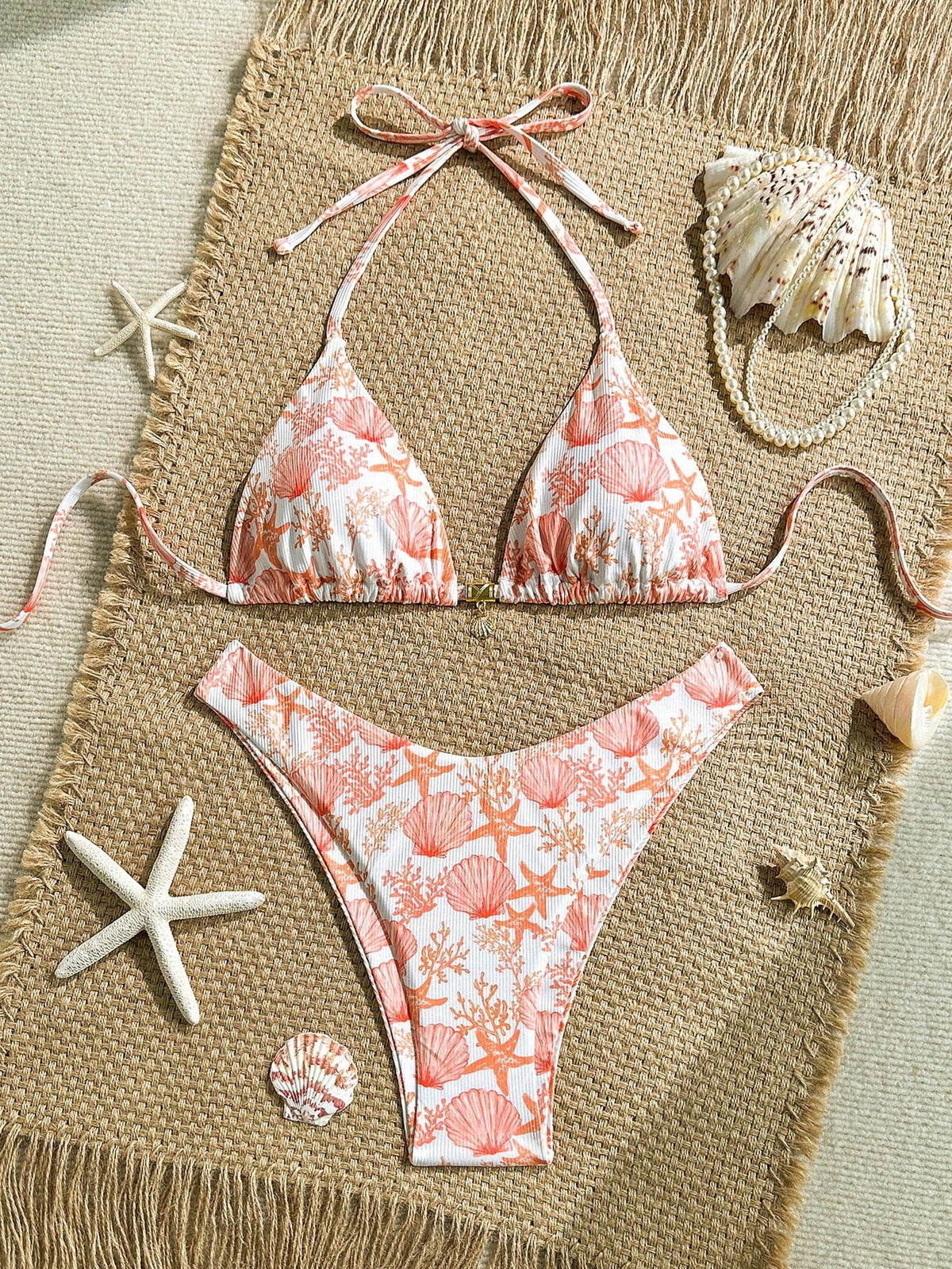 Swim Mod 2pcs/Set Summer Holiday Random Print Textured Shell Accessory Triangle Bikini Top And High-Cut Swim - image 11