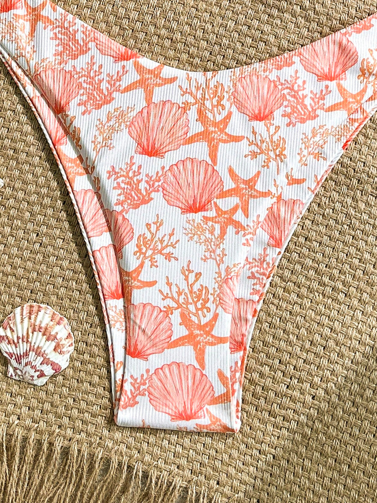 Swim Mod 2pcs/Set Summer Holiday Random Print Textured Shell Accessory Triangle Bikini Top And High-Cut Swim - image 13