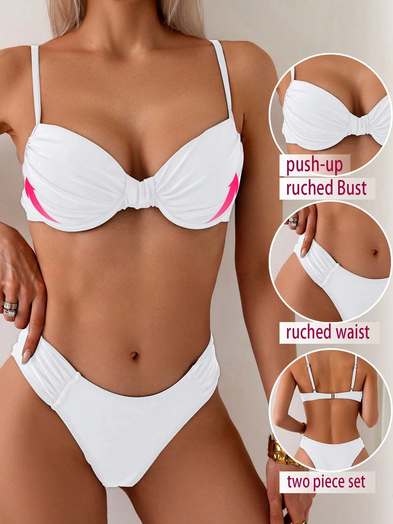 Swim Basics Women's Black Sexy Padded Support Ruched Bust Top And Bikini Bottoms