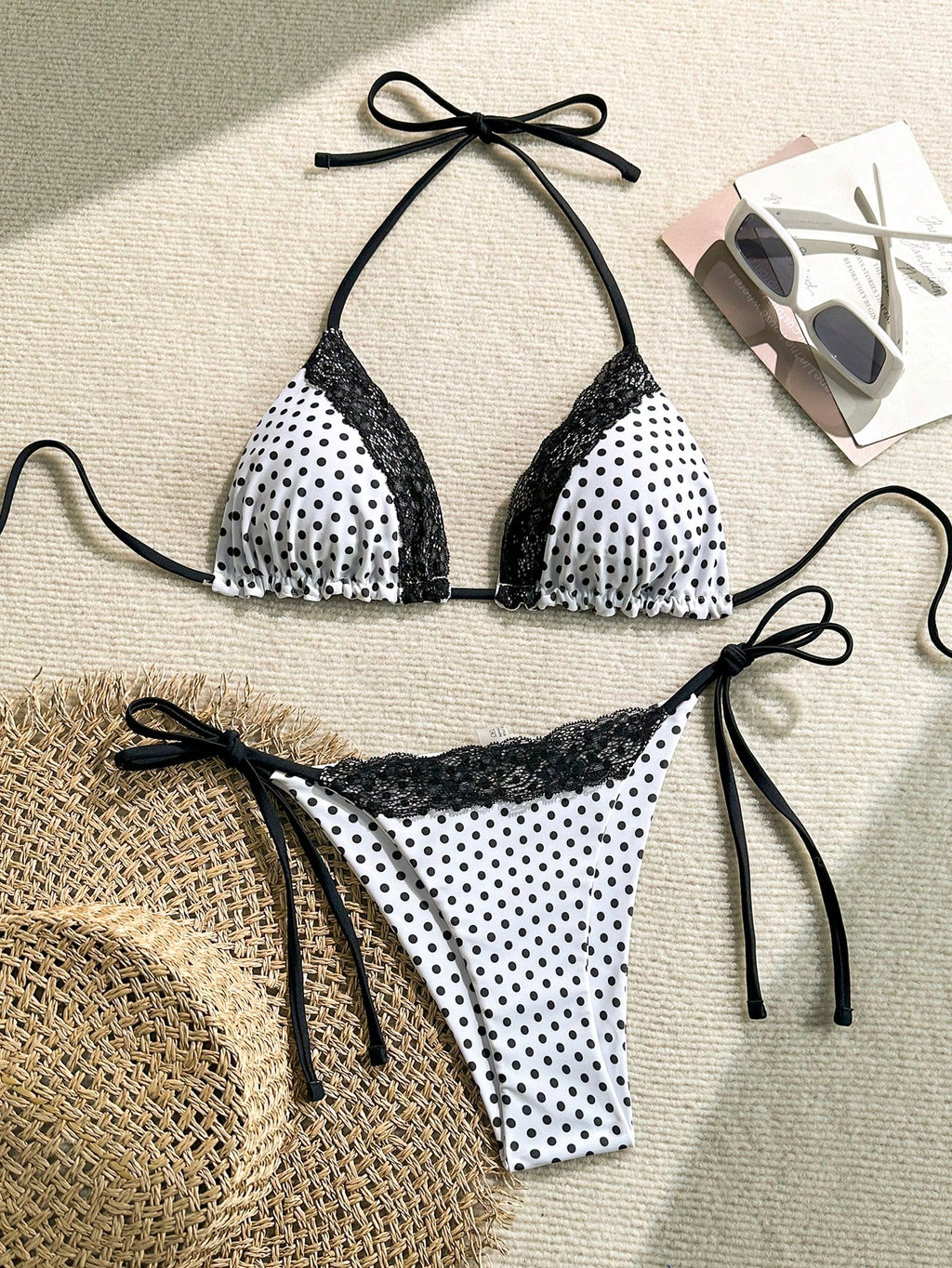 Swim Mod 2pcs/Set Women Summer Beach Lace Polka Dot Print Halter Tie
