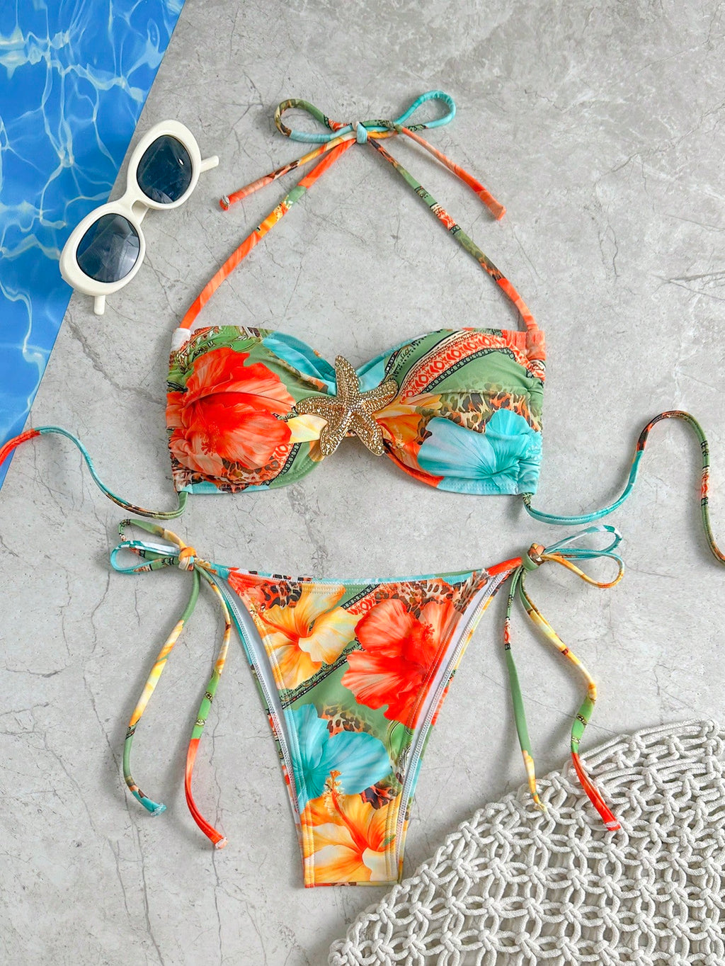 Swim Mod Women's Random Print Starfish Decor Halter Sexy Bikini Set,