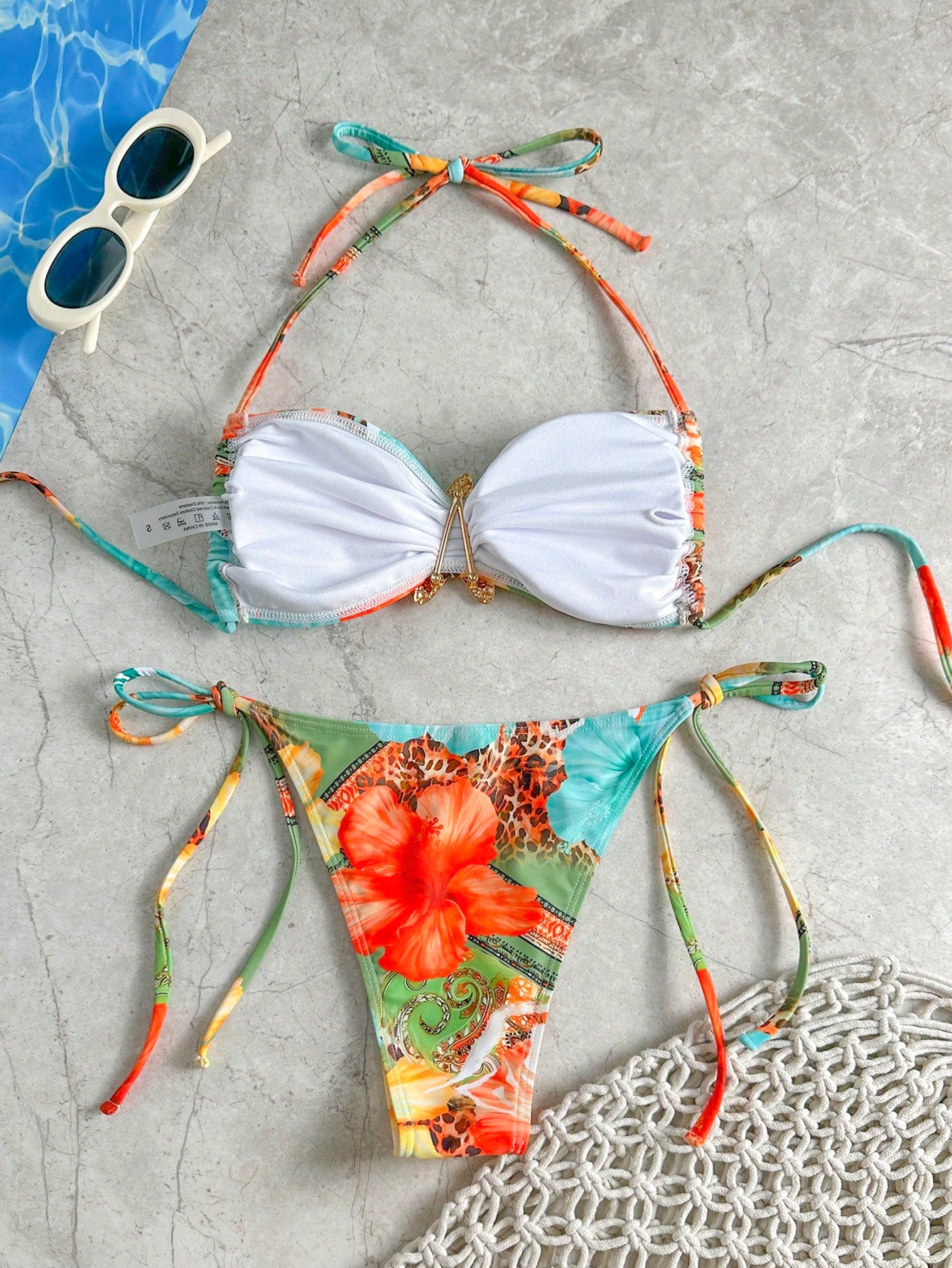 Swim Mod Women's Random Print Starfish Decor Halter Sexy Bikini Set,