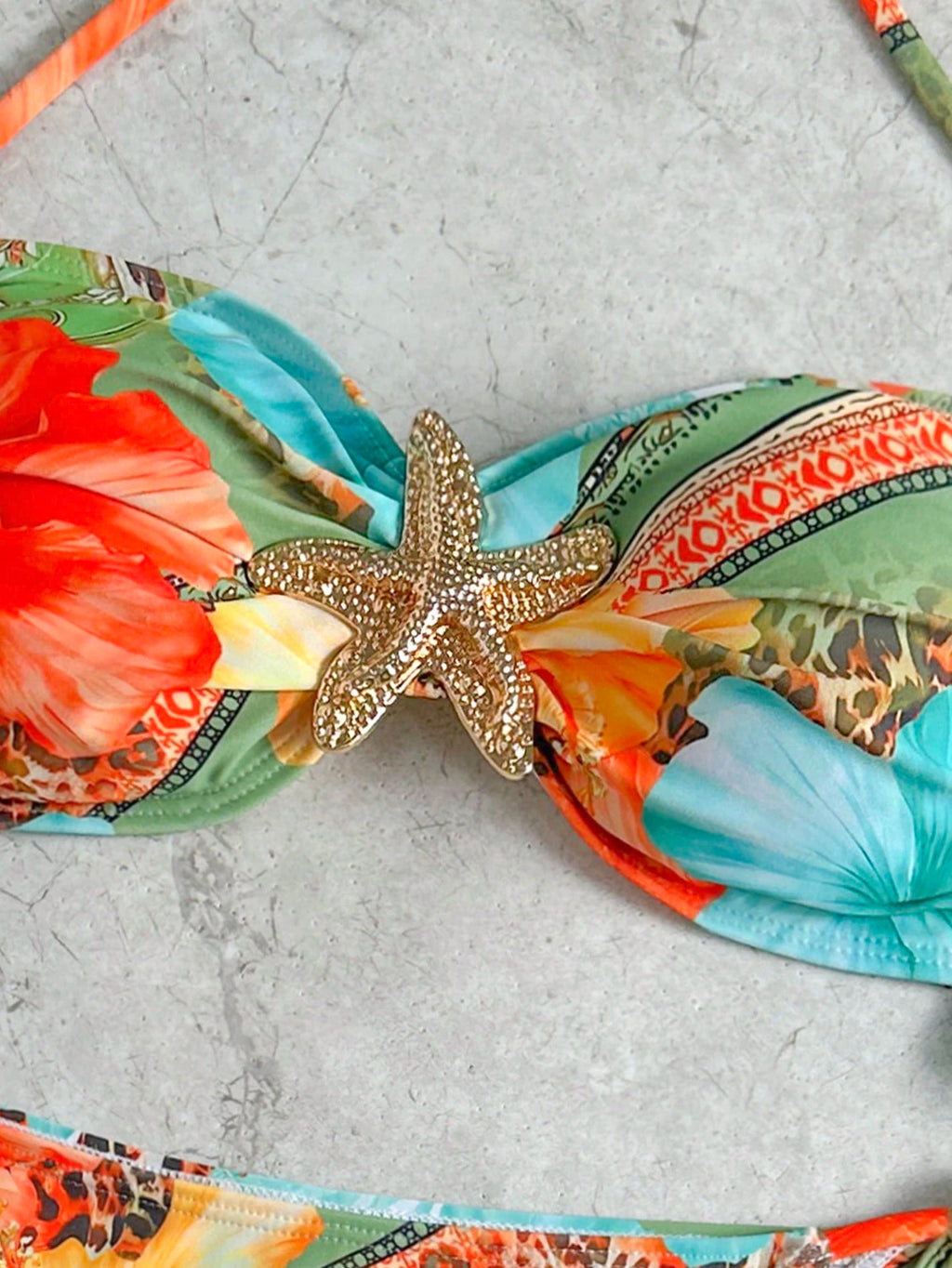 Swim Mod Women's Random Print Starfish Decor Halter Sexy Bikini Set,