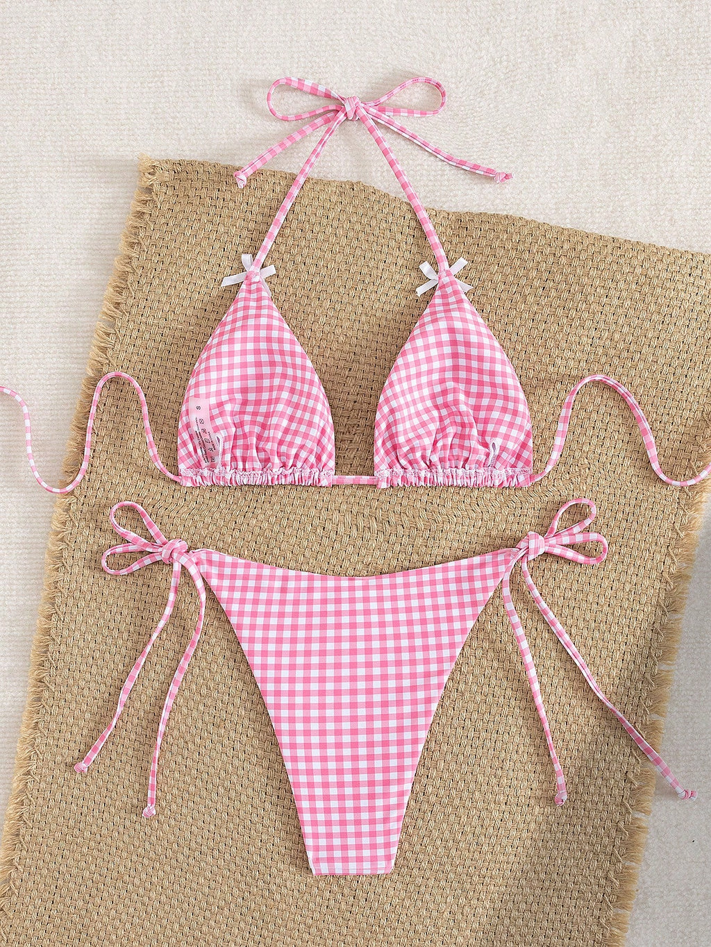 Women's Summer Plaid Print Bikini Set With Bow Back Tie, Two-Piece Swimsuit, Hal