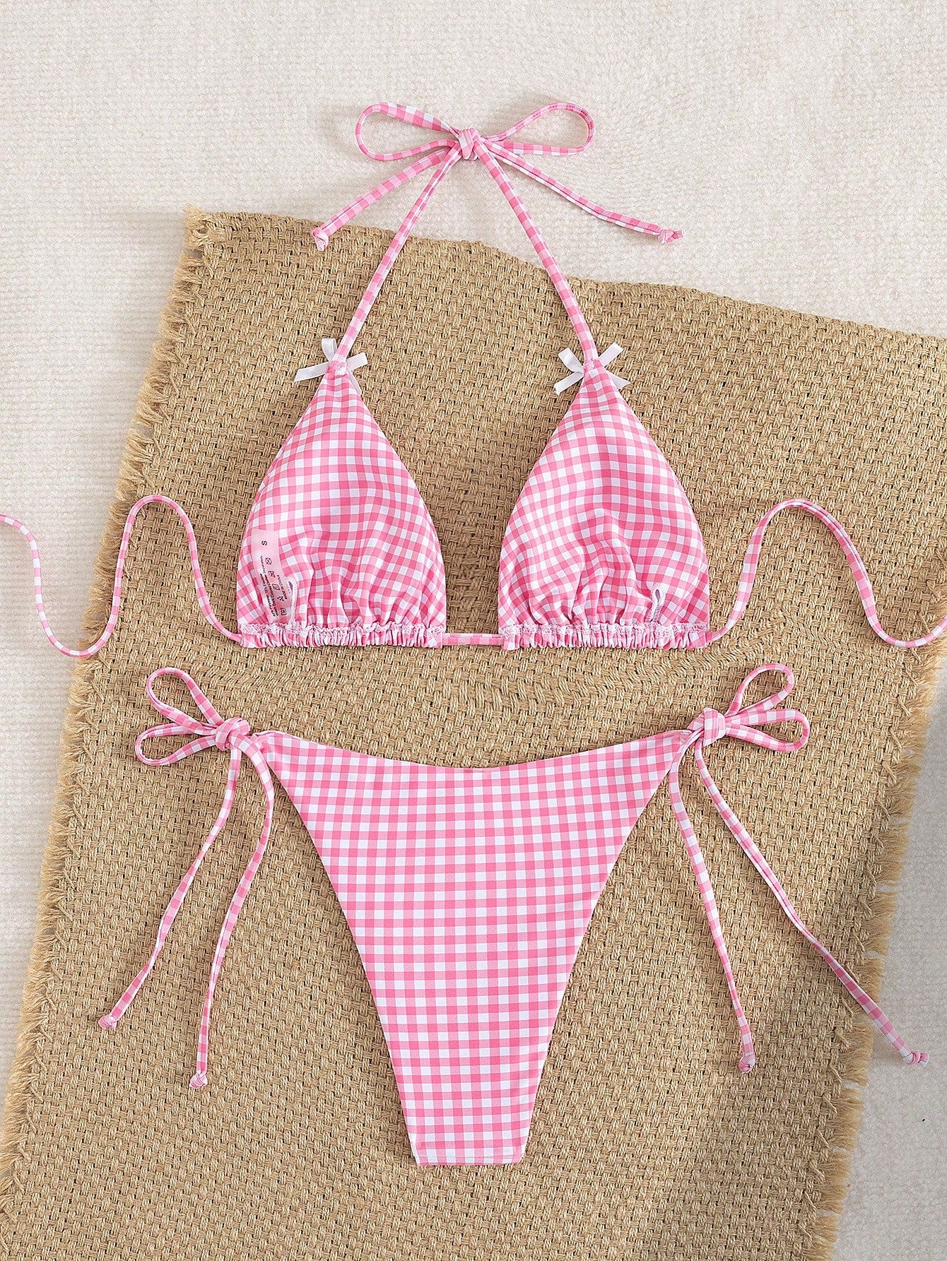 Women's Summer Plaid Print Bikini Set With Bow Back Tie, Two-Piece Swimsuit, Hal