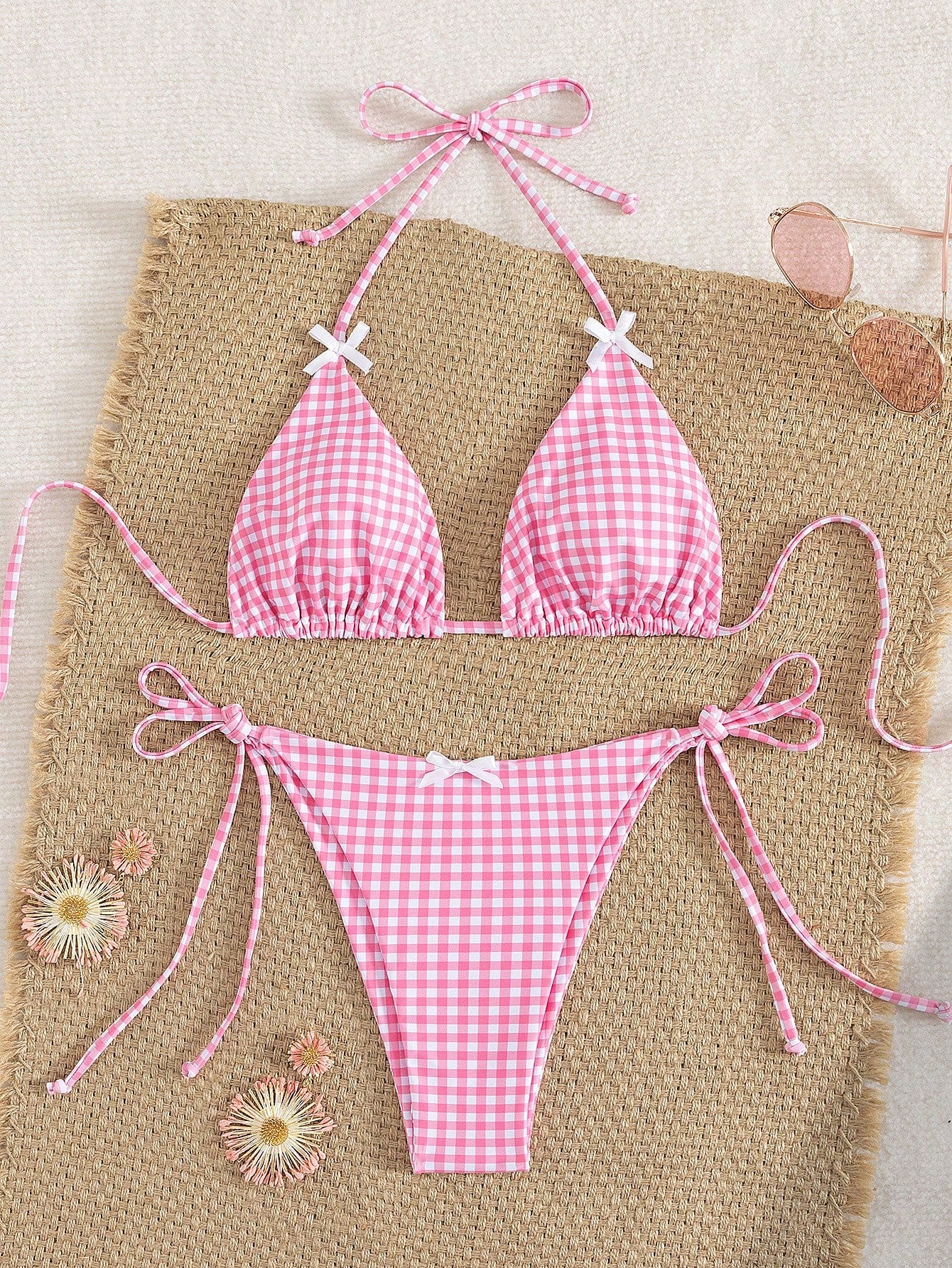 Women's Summer Plaid Print Bikini Set With Bow Back Tie, Two-Piece Swimsuit, Halter Neck, Backless, Casual - image 4