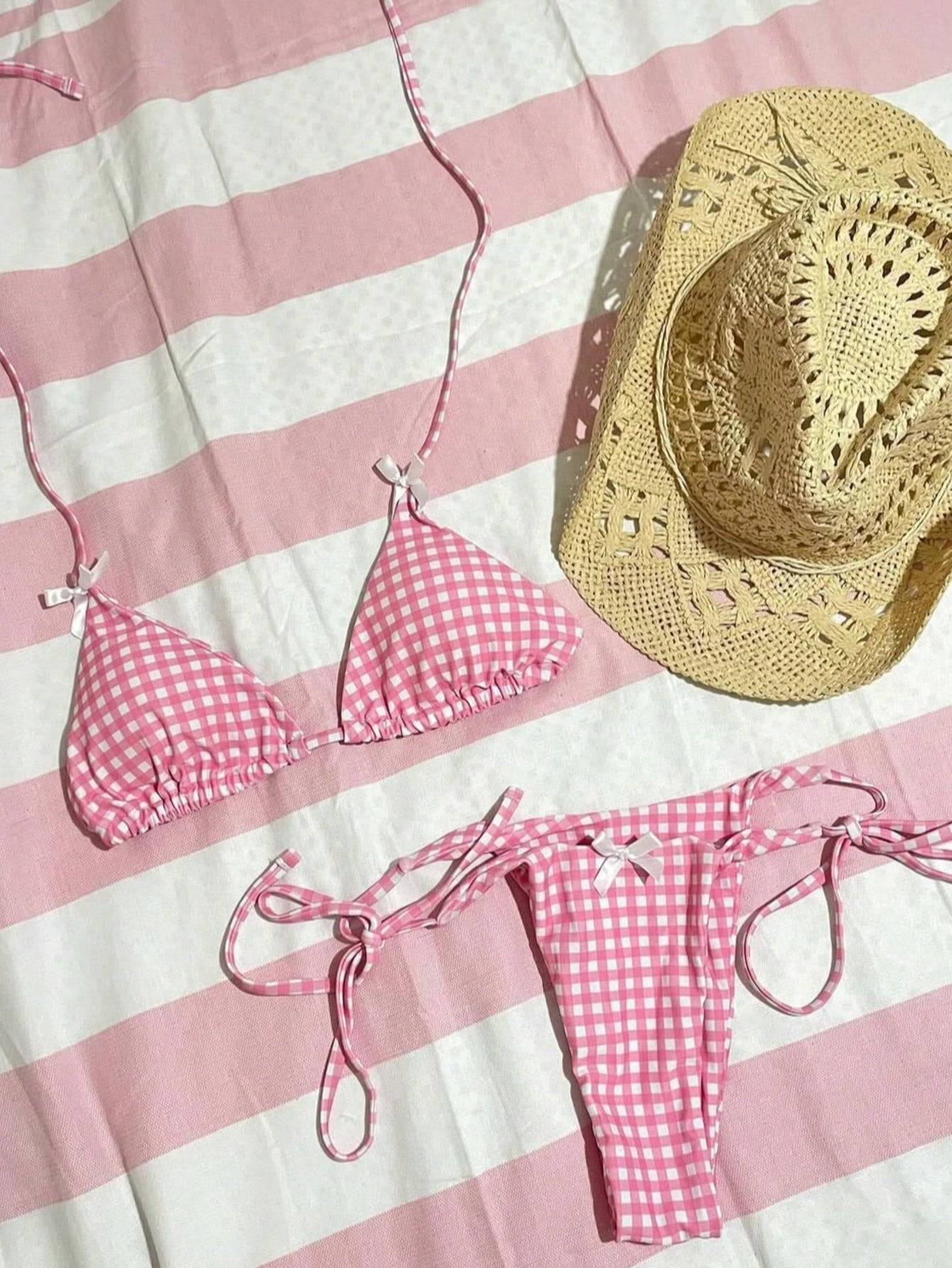 Women's Summer Plaid Print Bikini Set With Bow Back Tie, Two-Piece Swimsuit, Hal