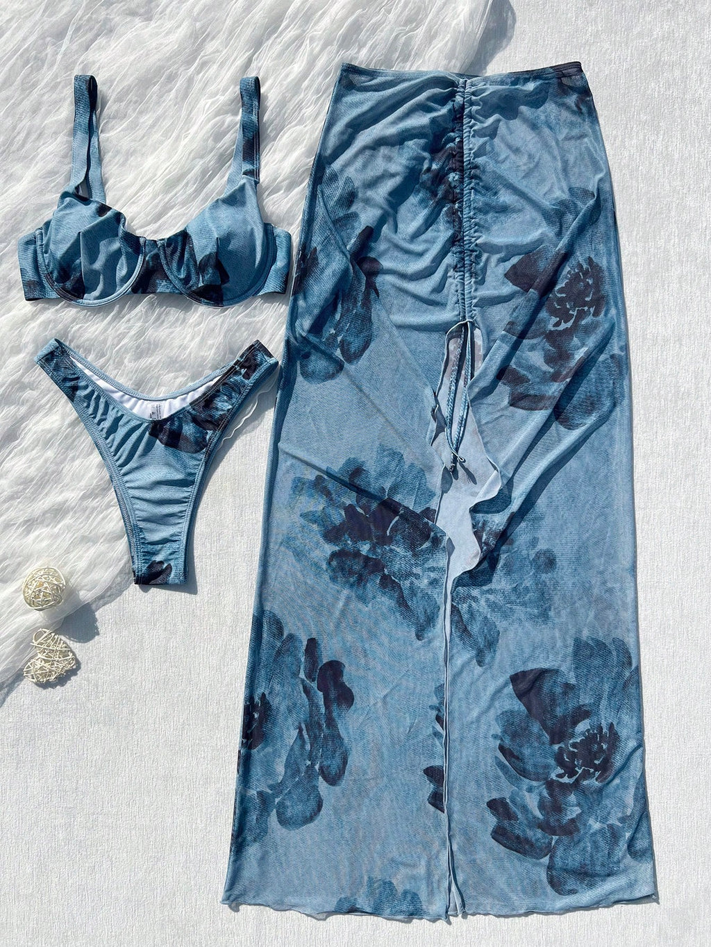 3pcs Women's Floral Bikini Set With Ombre Floral Print Mesh Maxi Skirt. The Tie-
