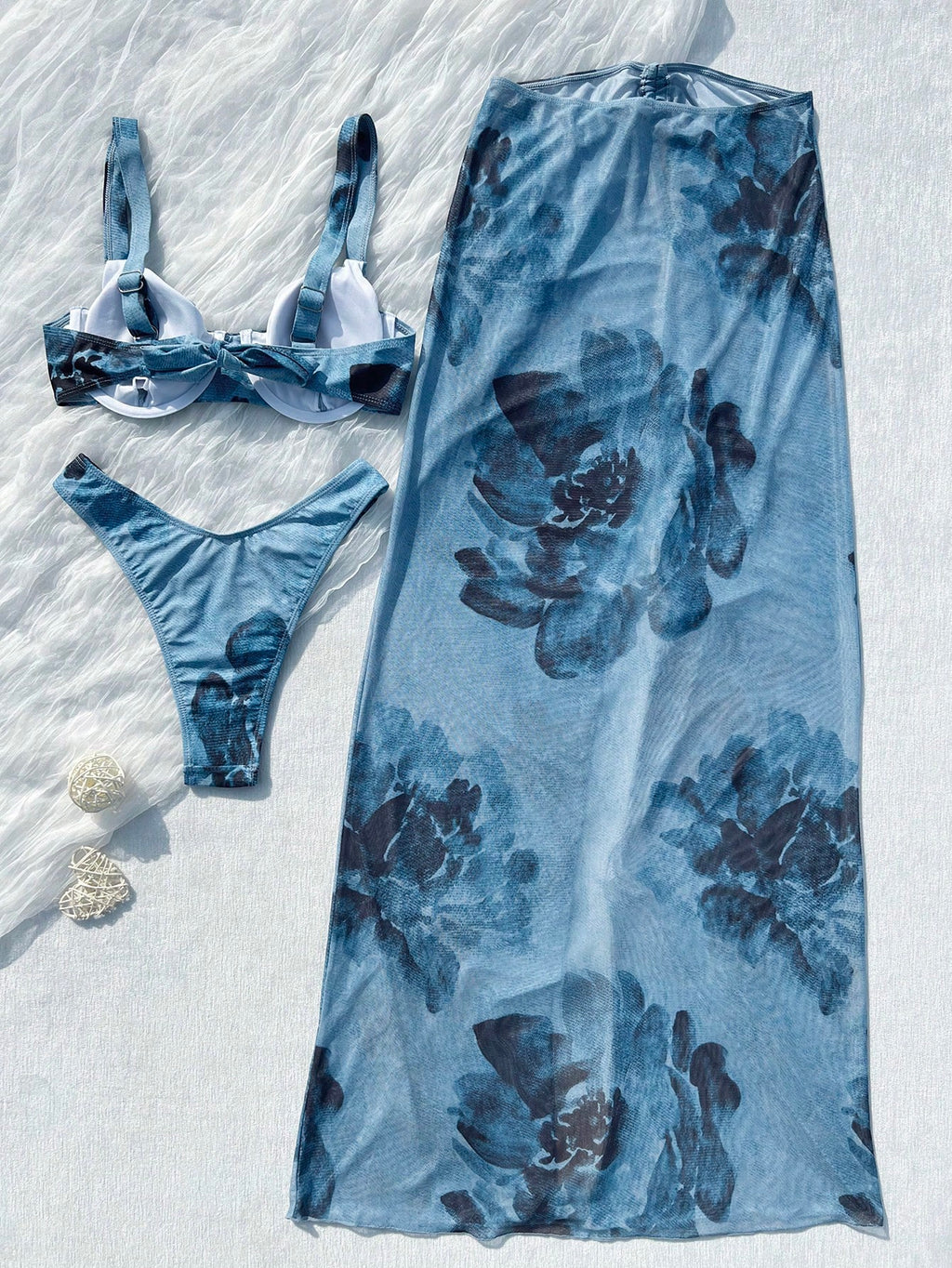 3pcs Women's Floral Bikini Set With Ombre Floral Print Mesh Maxi Skirt. The Tie-