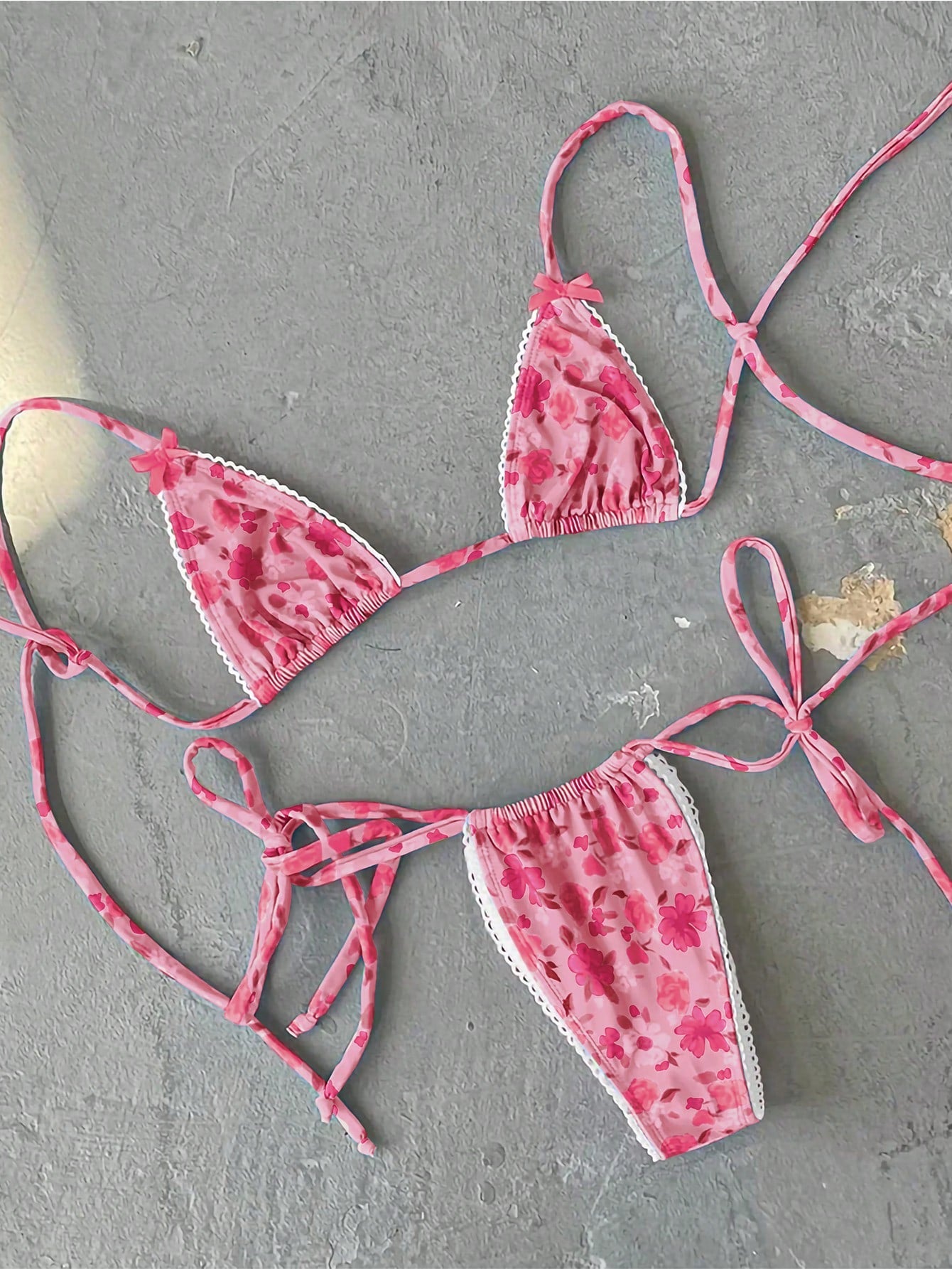 New Arrival Blue Floral Print Bikini Set With Bow Decor, Elegant Sexy Swimwear F