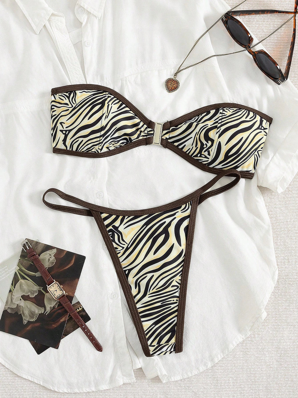 New Fashionable Sexy Striped Print Bandeau Women's Bikini Swimsuit Vacation Beach Summer
