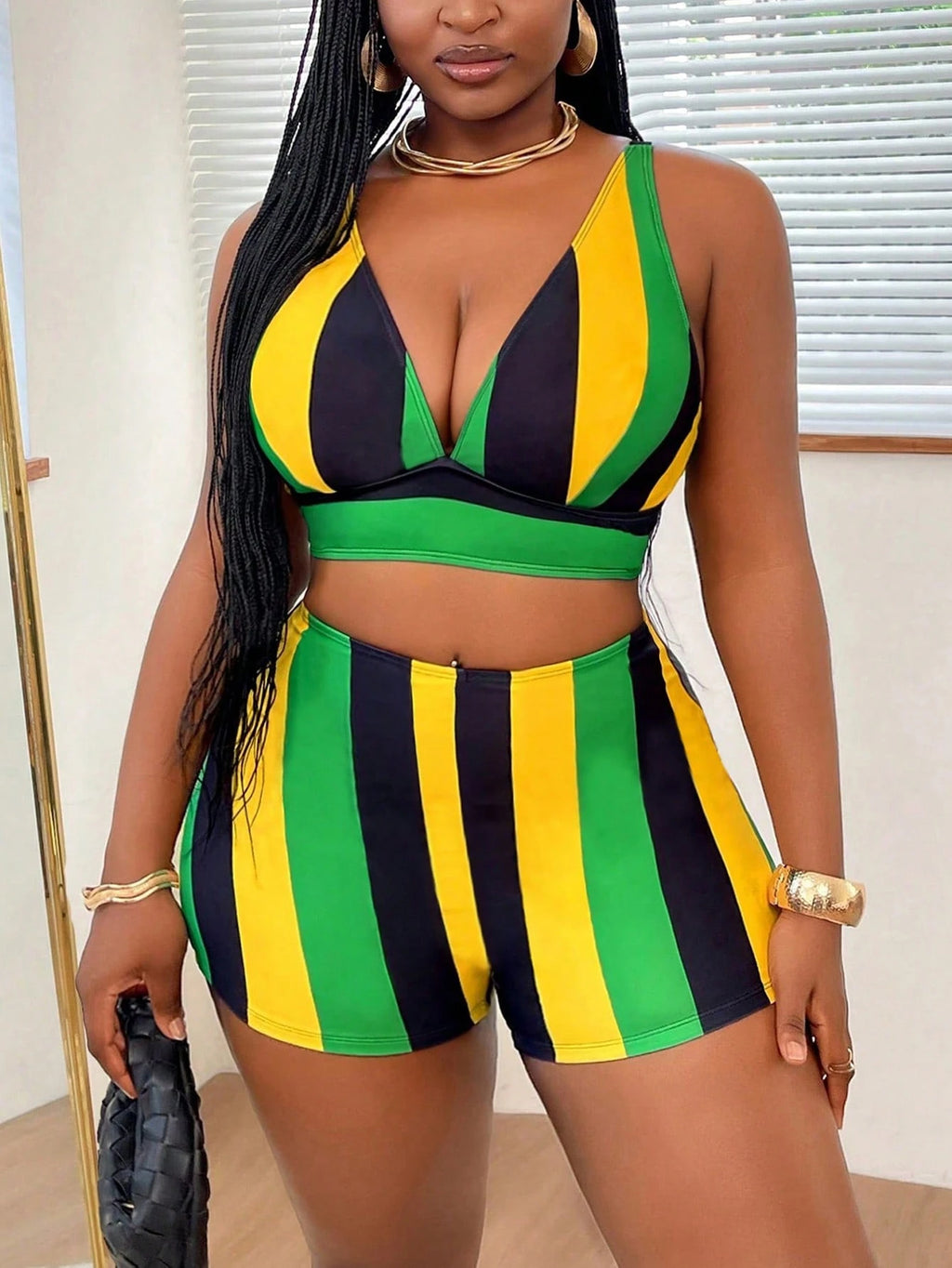 Slaydiva Plus Size Women's 2pcs Set Striped & Graphic Print V Neck Tankini Top With High Waist Swim Shorts, - image 3