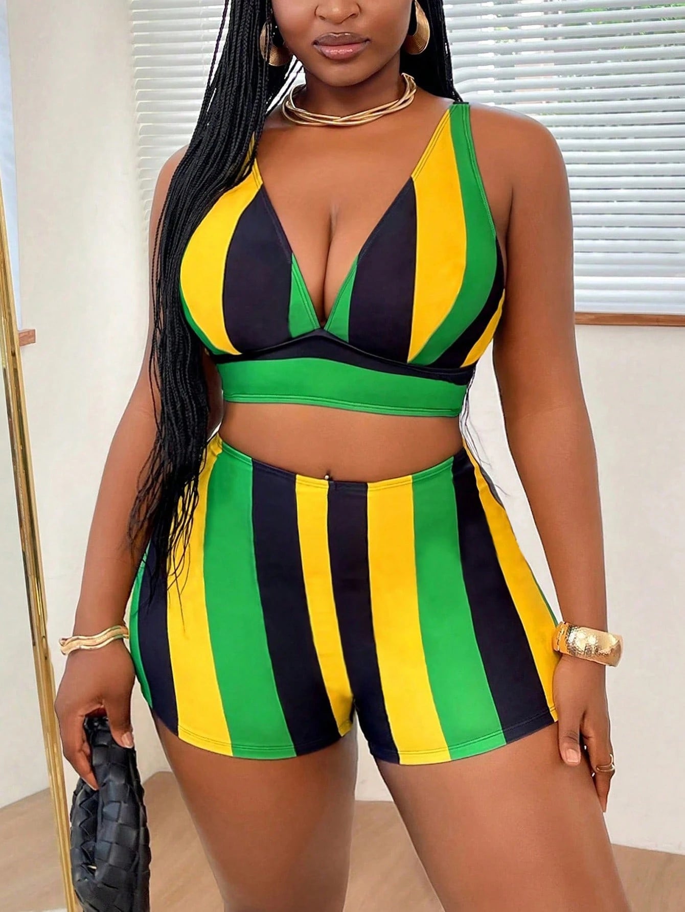 Slaydiva Plus Size Women's 2pcs Set Striped & Graphic Print V Neck Tankini Top With High Waist Swim Shorts, - image 3