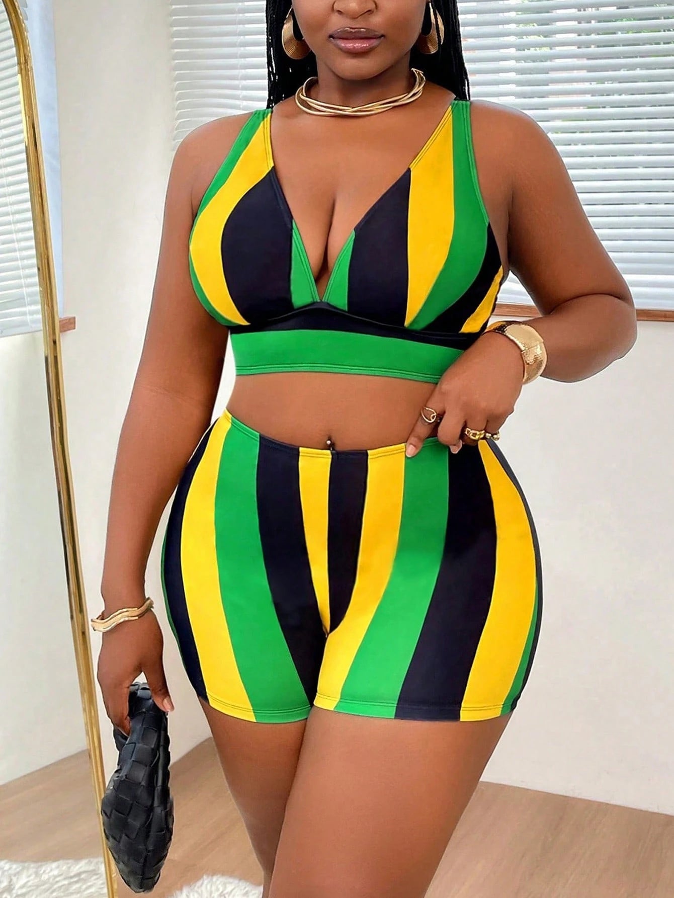 Slaydiva Plus Size Women's 2pcs Set Striped & Graphic Print V Neck Tankini Top With High Waist Swim Shorts, - image 5