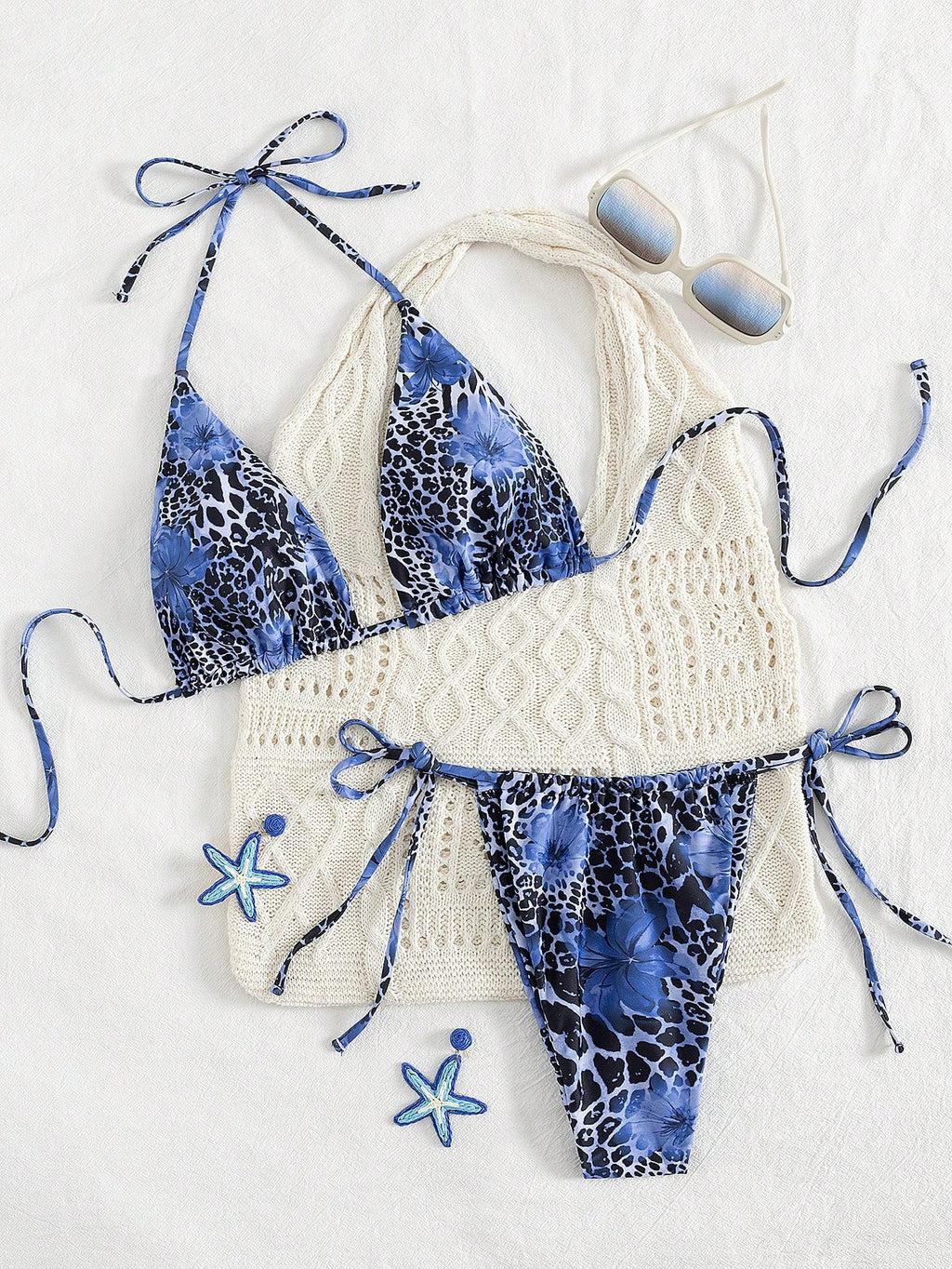 2pcs Leopard Floral Print Sexy Open Back Tie Up Bikini Swimsuit,