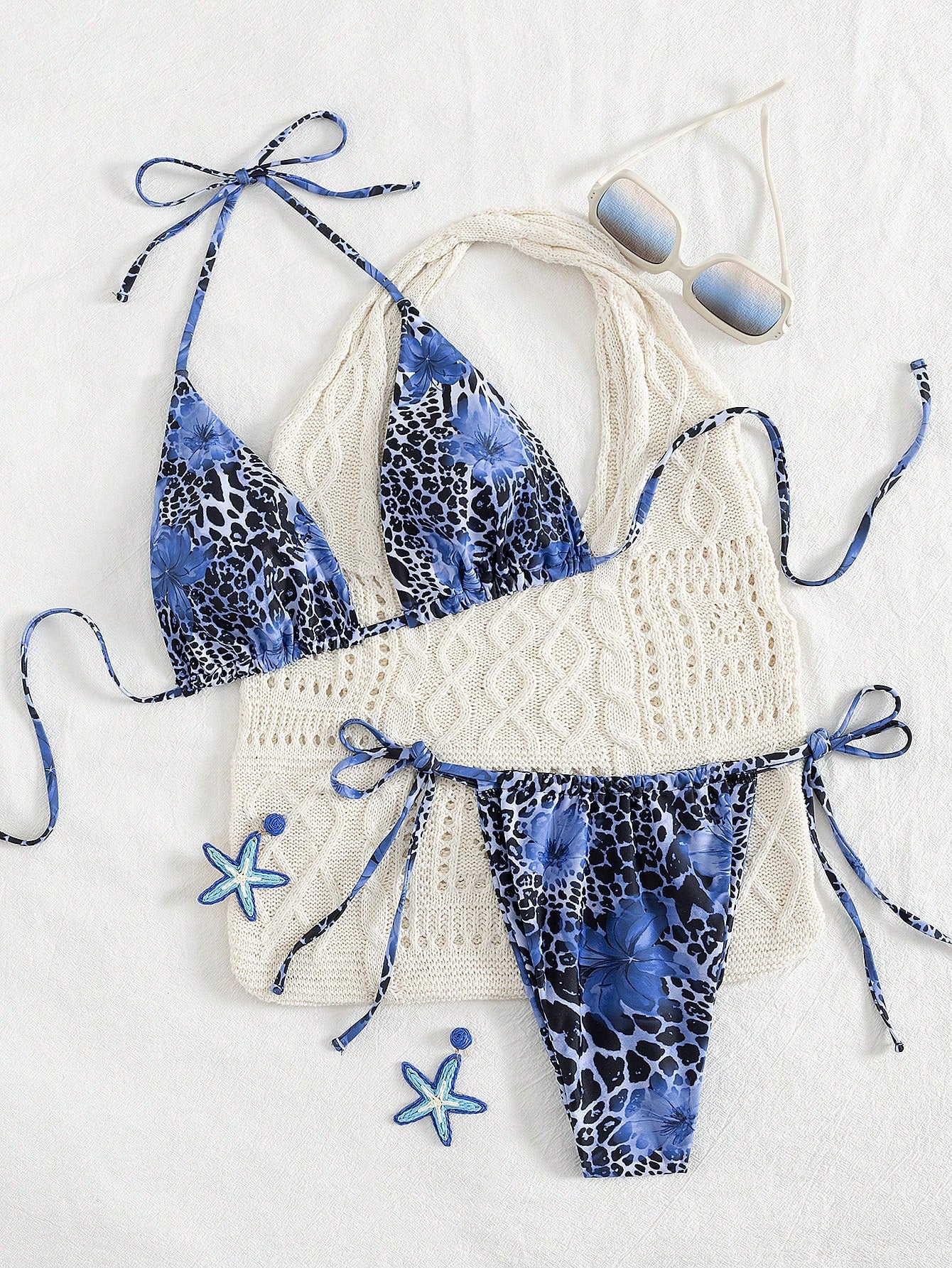 2pcs Leopard Floral Print Sexy Open Back Tie Up Bikini Swimsuit,