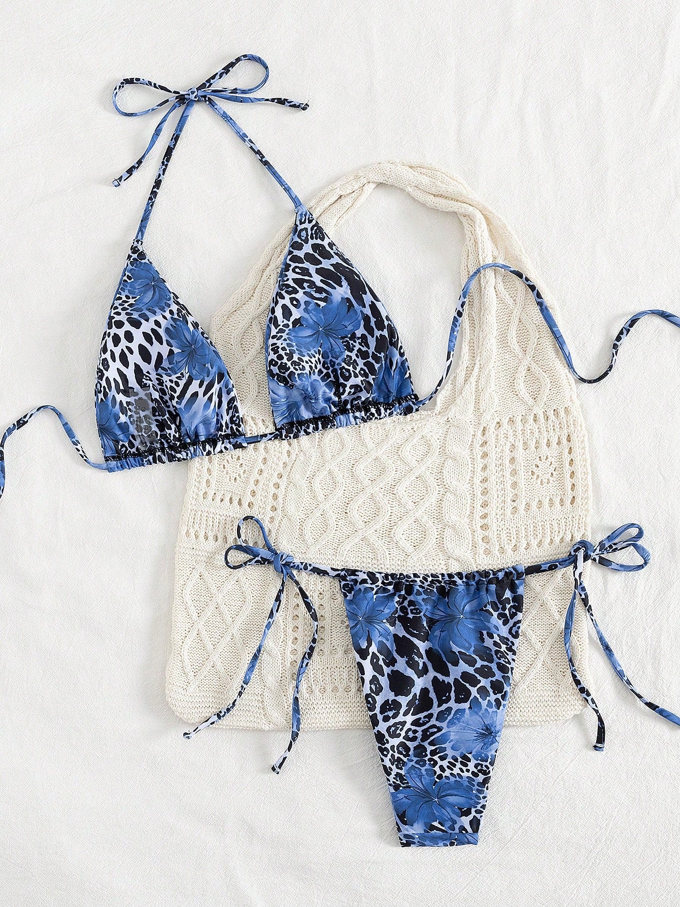 2pcs Leopard Floral Print Sexy Open Back Tie Up Bikini Swimsuit,
