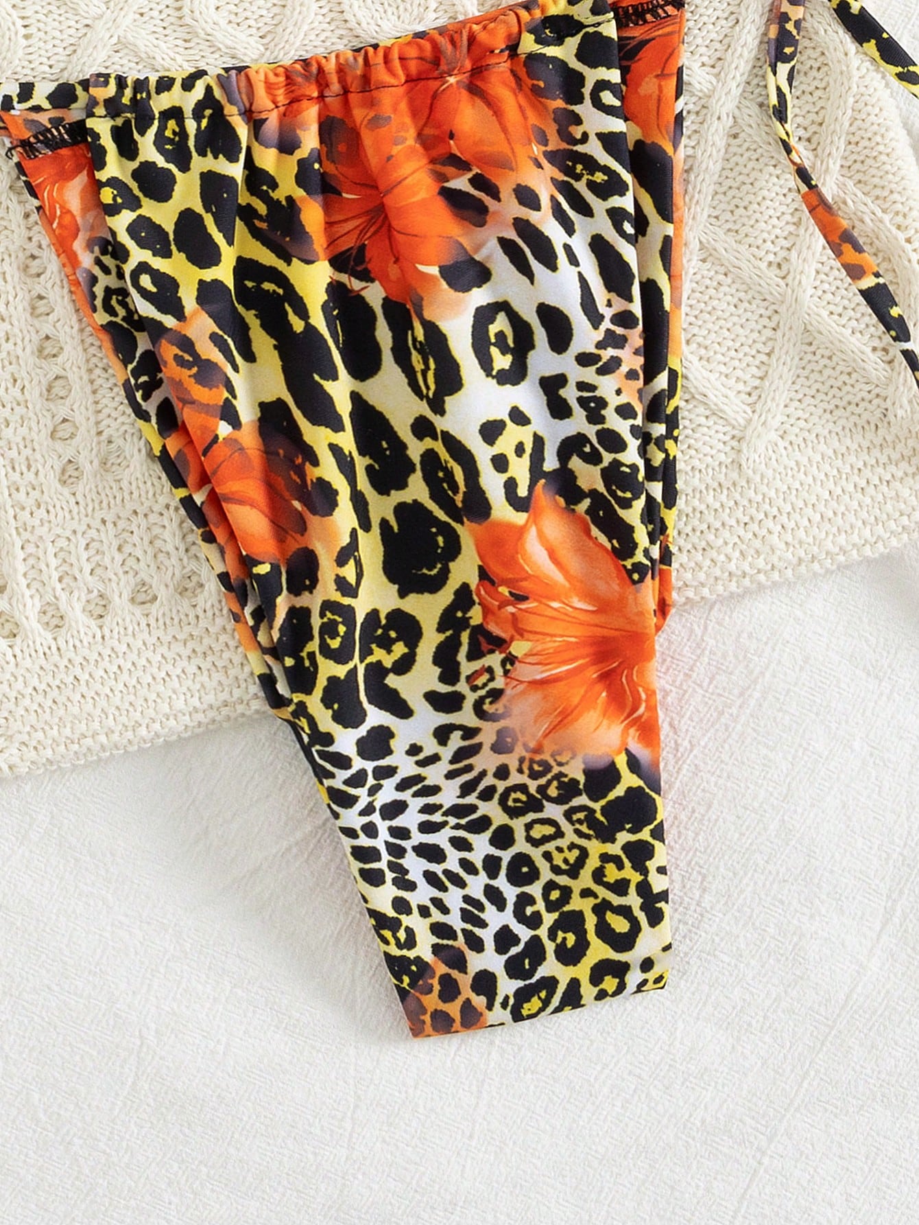 2pcs Leopard Floral Print Sexy Open Back Tie Up Bikini Swimsuit,