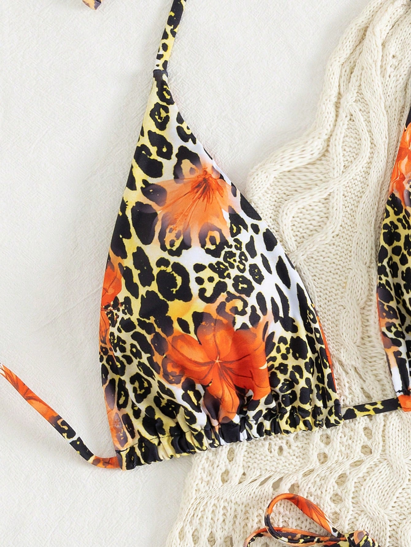 2pcs Leopard Floral Print Sexy Open Back Tie Up Bikini Swimsuit,