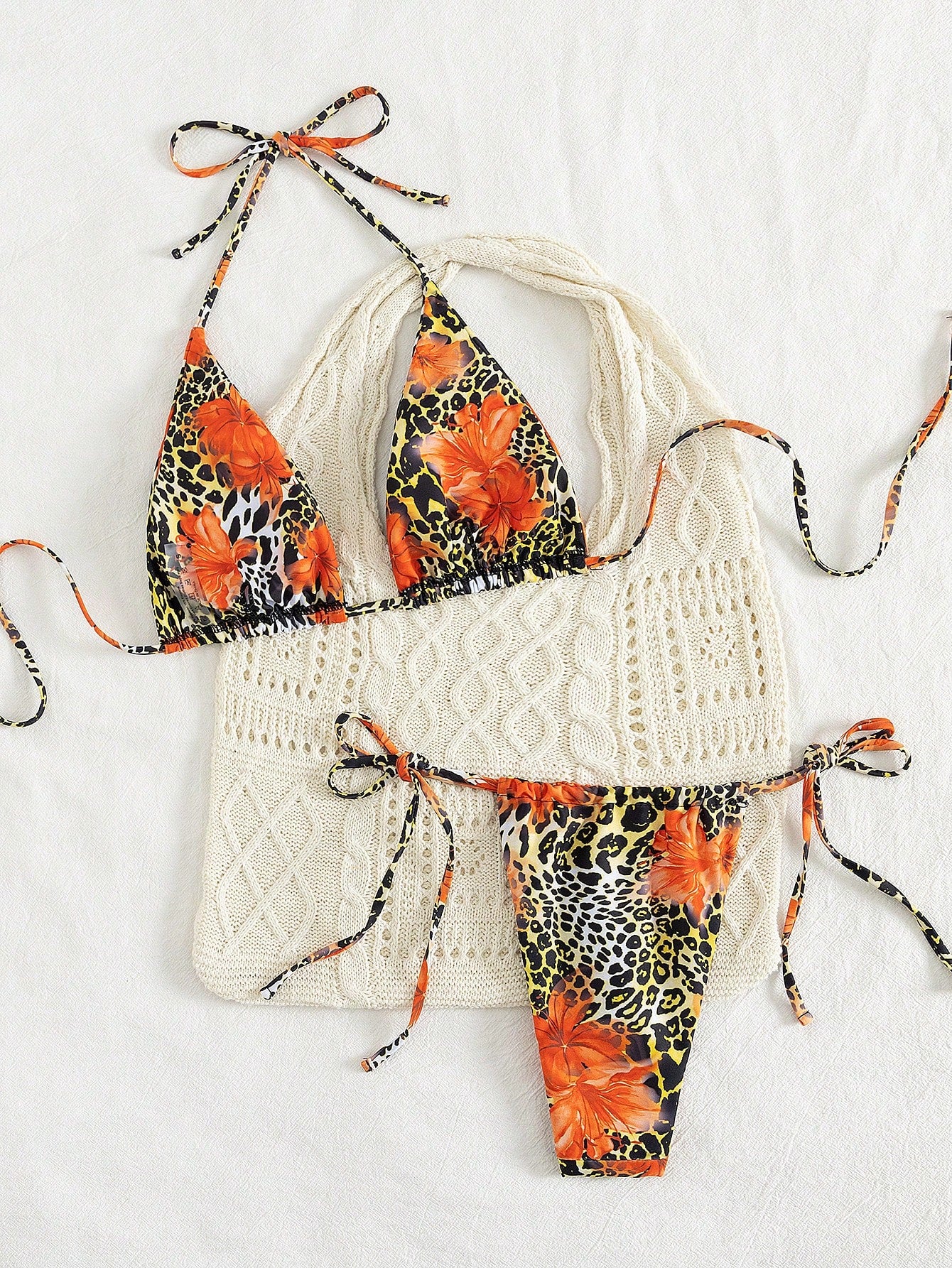 2pcs Leopard Floral Print Sexy Open Back Tie Up Bikini Swimsuit,