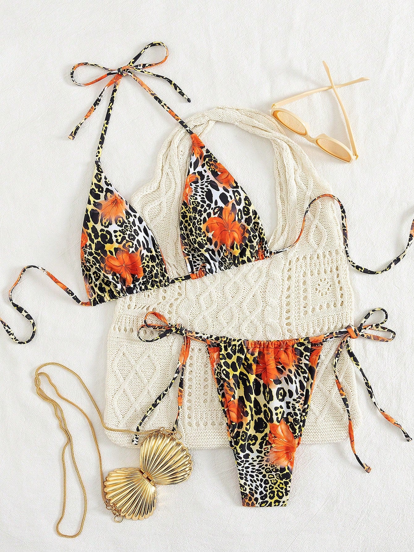 2pcs Leopard Floral Print Sexy Open Back Tie Up Bikini Swimsuit,