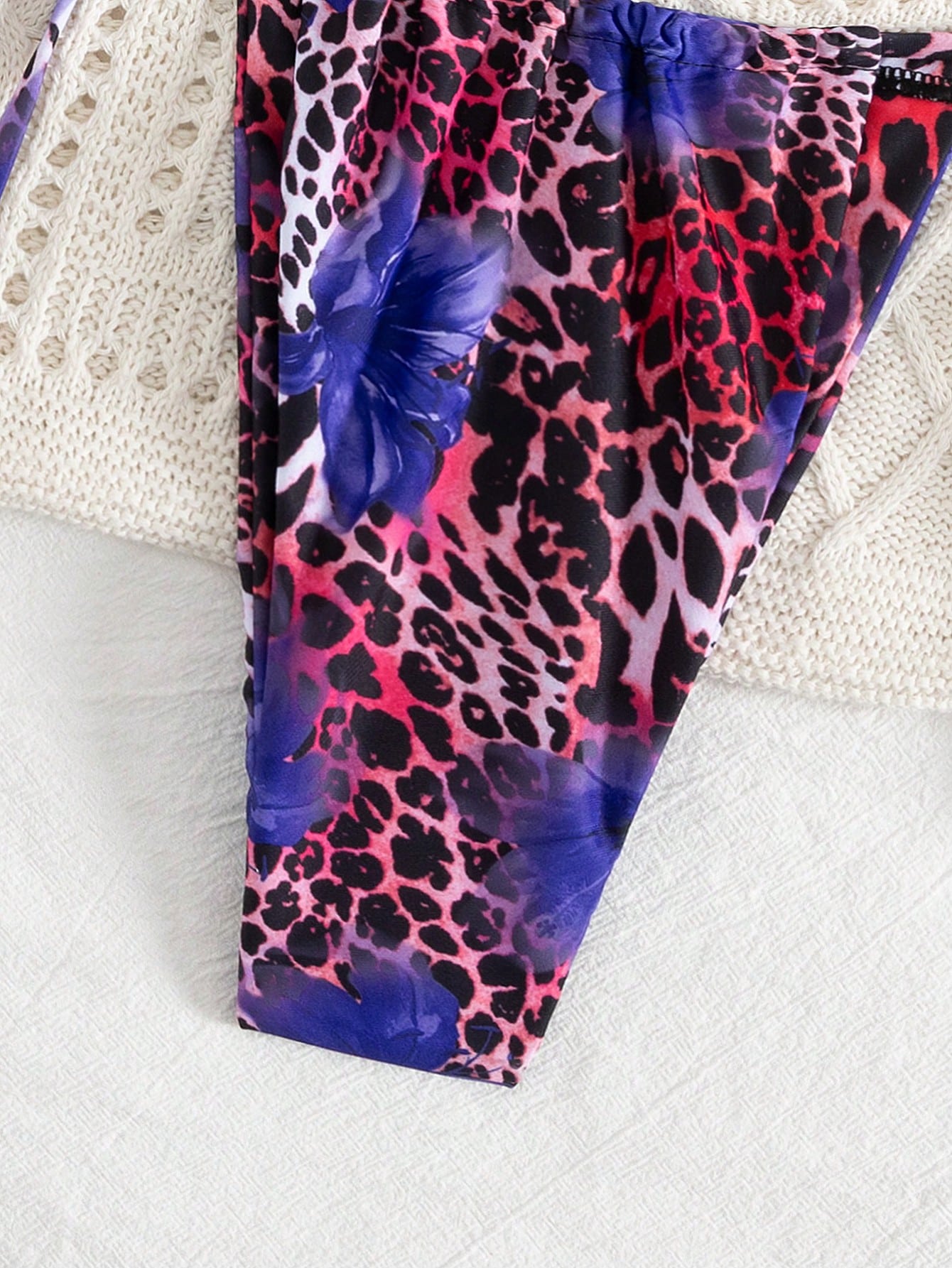 2pcs Leopard Floral Print Sexy Open Back Tie Up Bikini Swimsuit,