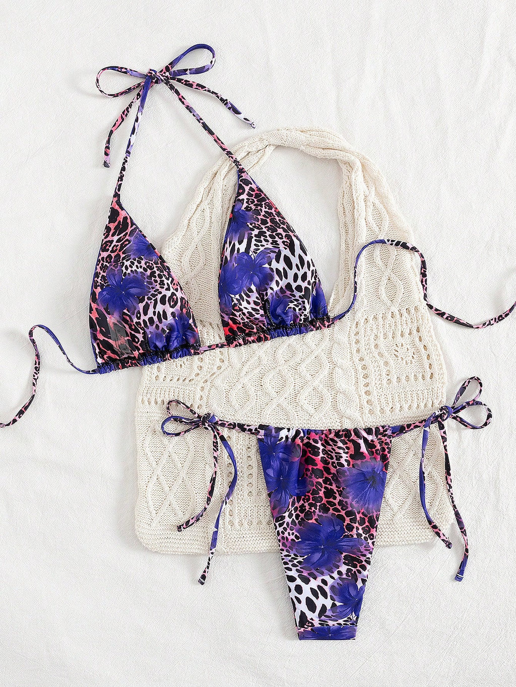 2pcs Leopard Floral Print Sexy Open Back Tie Up Bikini Swimsuit,