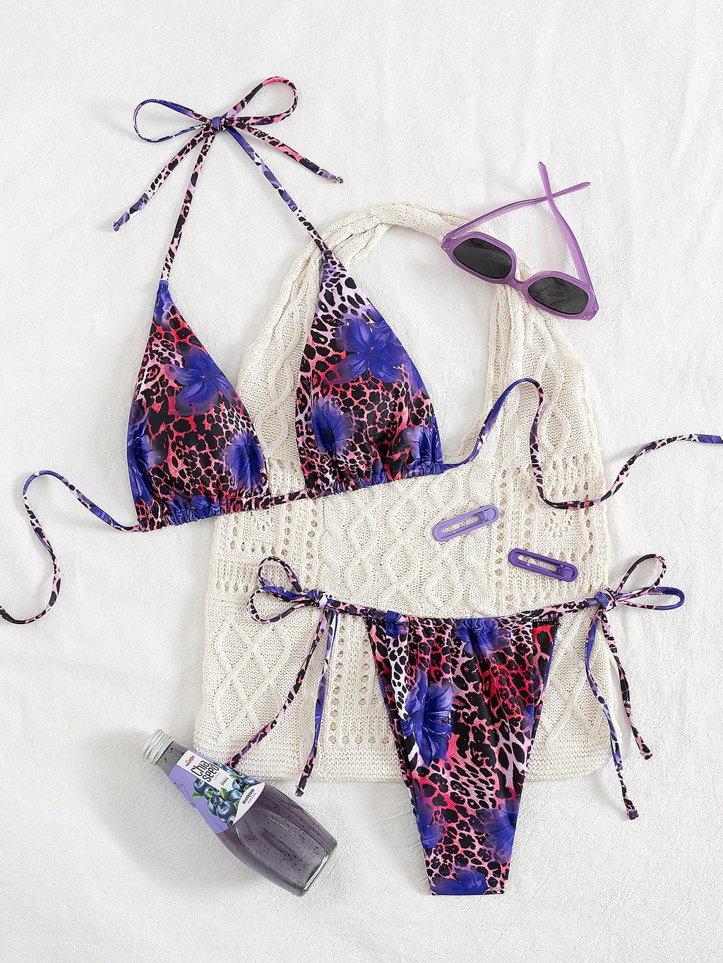 2pcs Leopard Floral Print Sexy Open Back Tie Up Bikini Swimsuit,
