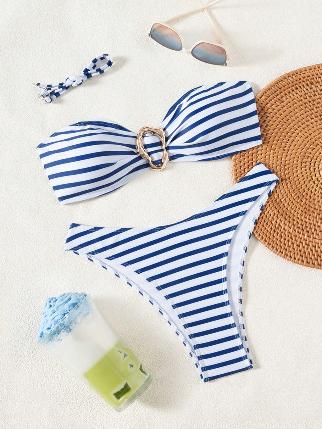 Swim Mod Women's 2-Piece Bikini Swimsuit,Blue And White Striped