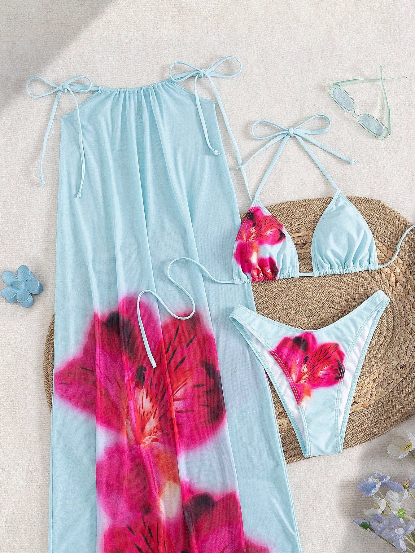 3pcs/Set Women Summer Floral Print Halter Bohemian Beach Holiday