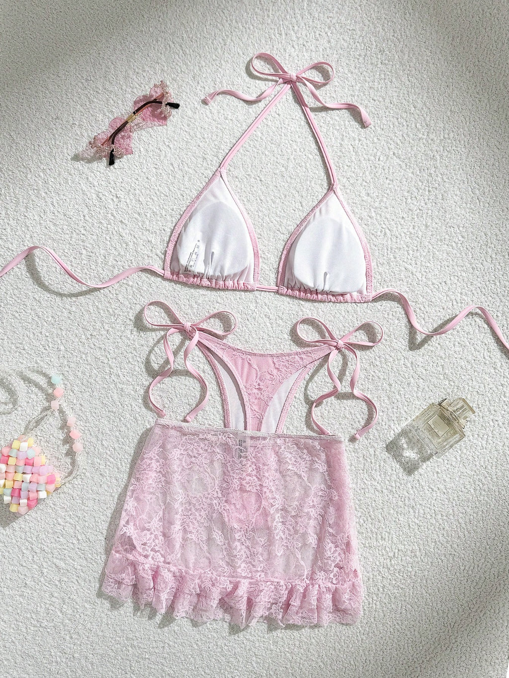 Swim Mod 3pcs/Set Women Sexy Solid Color Lace Flounce Hem Mini Skirt,